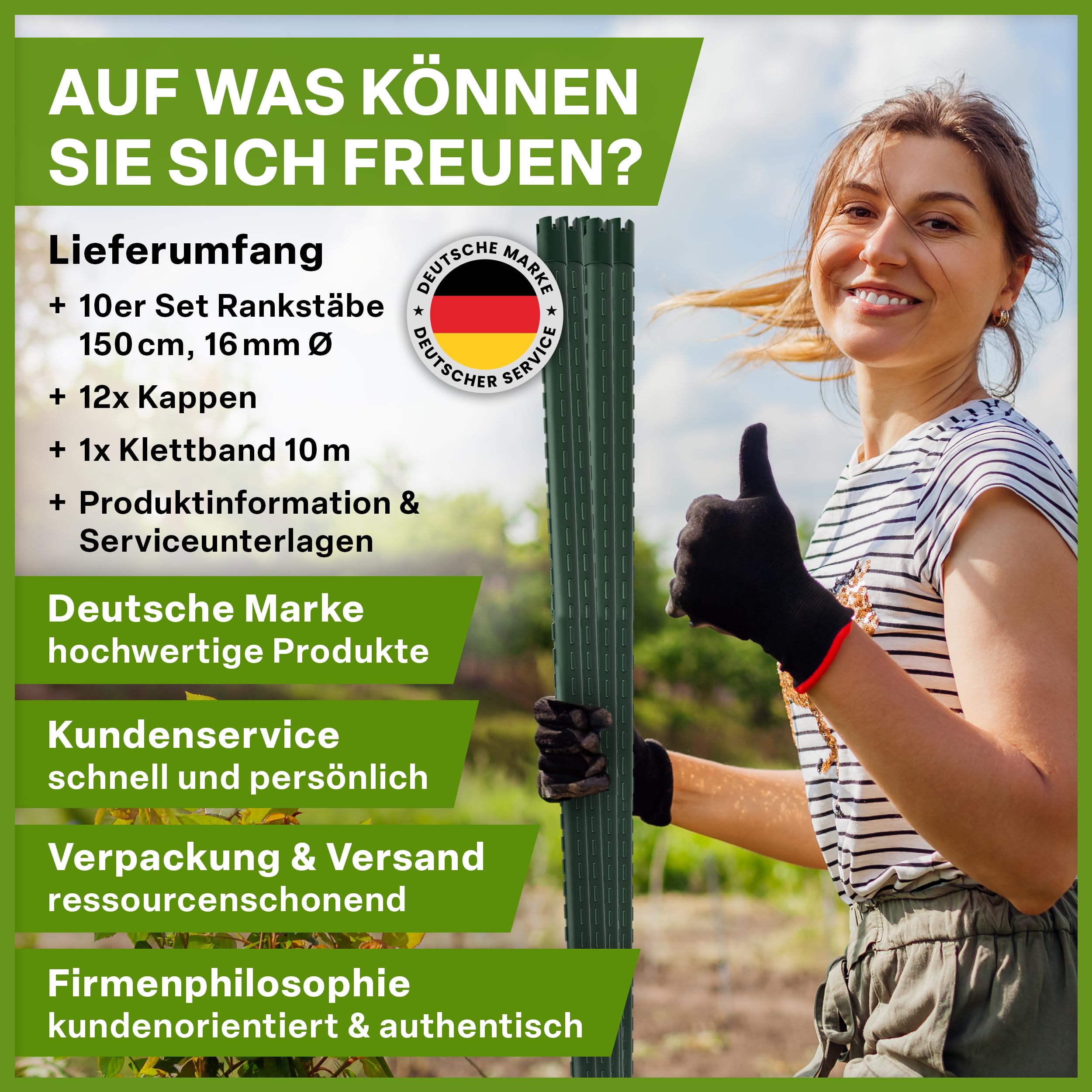 TTL GARDEN Rankstäbe 10er Set 150cm x 16mm Ø grün - extra stabile 16 mm Rankhilfe Pflanzstäbe + Klettband - Stahl rostfrei kunststoffbeschichtet Pflanzenstütze Blumenstütze Tomaten Paprika & Blumen