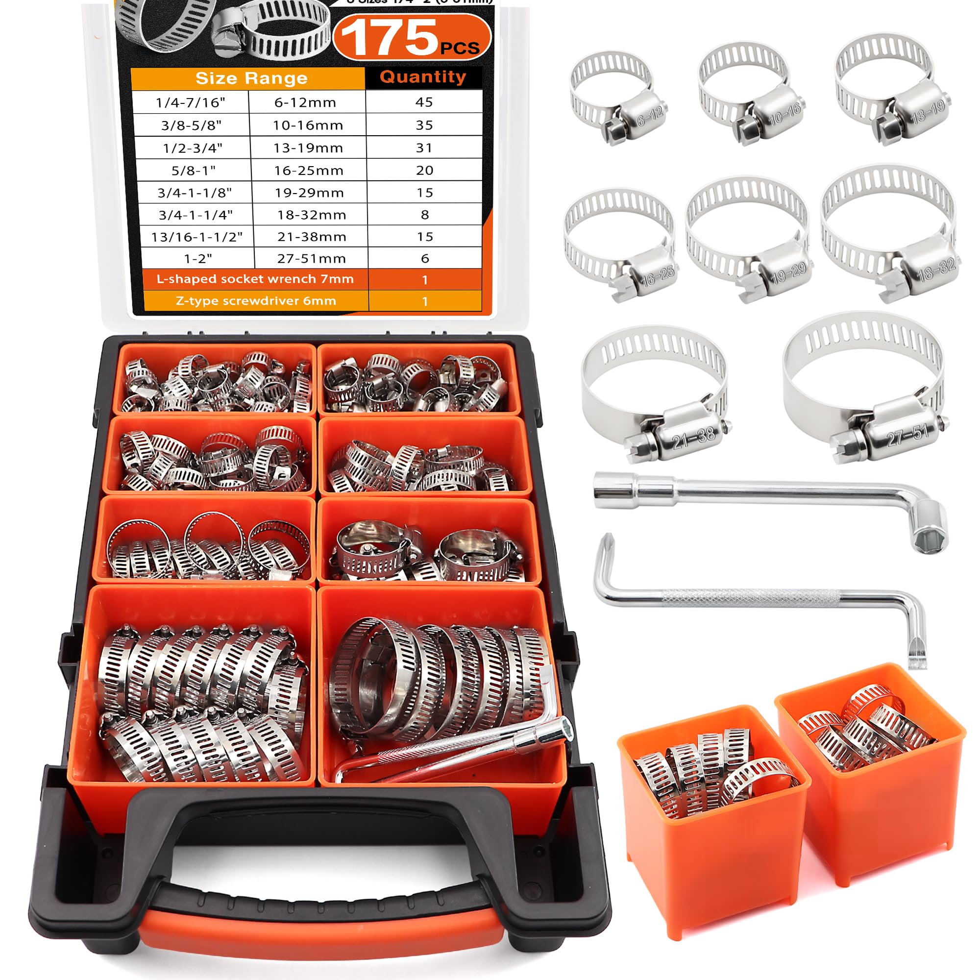 175pcs 304 Stainless Steel Hose Clamp Kit,1/4"-2"(6-51mm) Hose Clamps