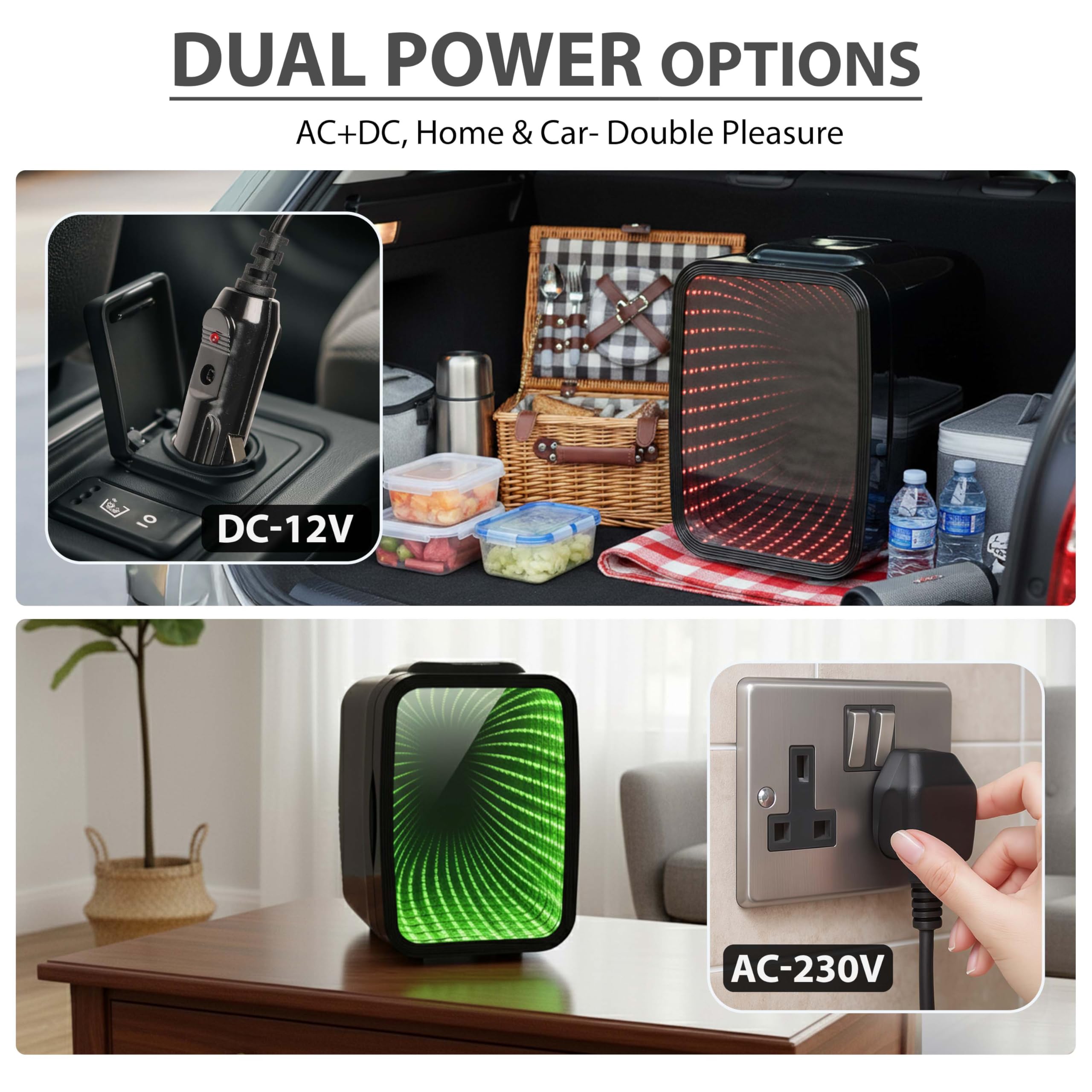 Crystals 4/10/15L Litre Mini Fridge, Table Top Small Fridge Cooler & Warmer for Car Bedrooms Desk Office, 12V DC - 220 AC, Mini Fridge for Bedrooms (RGB Infinity - BLACK, 4L Lights) — view 7
