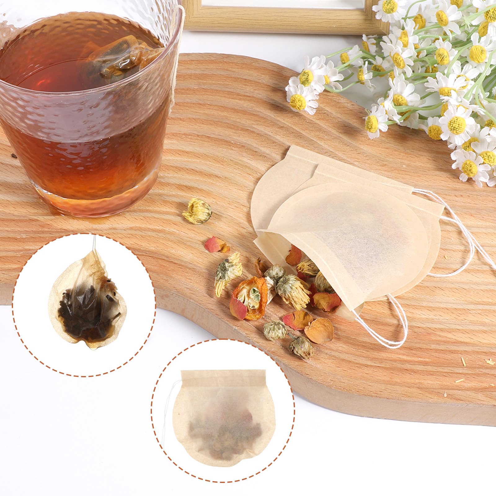 Bolsas de té vacías desechables redondas de papel sin blanquear con cordón, Ptwola 200 unidades para té de hojas sueltas, café, especias