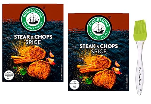 Robertson's Steak and Chops - Caja de repuesto de especias de 5.64oz (paquete de 2) paquete con cepillo de silicona PrimeTime Direct en una bolsa
