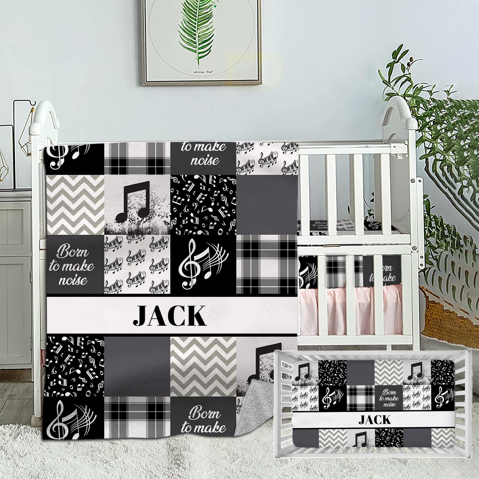 Munific Custom Crib Bedding Set for Boys Girls, Personalized Baby Bedding Sets with Name, 2 Piece Music Bedding Set for Infant Toddler, Name Comforter Fitted Crib Sheets Set, Nursery Bedding