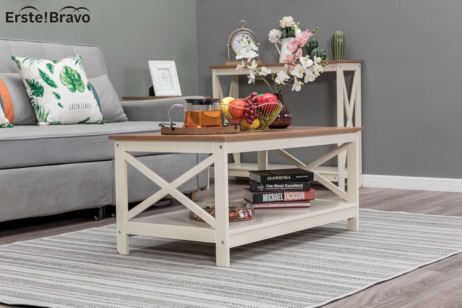 Farmhouse Coffee Table with Storage, Square Modern Center Table with Shelf for Living Room, Rustic Wood Look Cocktail Table, Easy Assembly, Ivory+Oak