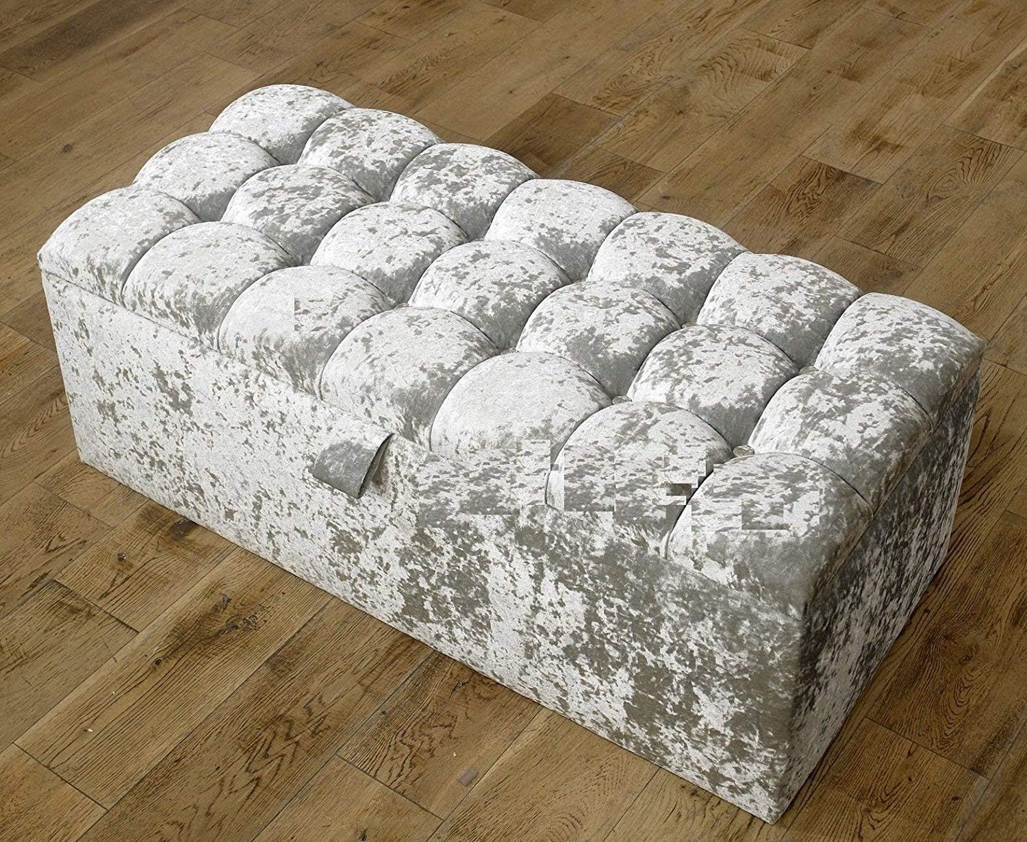 Beautiful Large Silver Crushed Velvet Fabric Crystal Diamante Ottoman Storage Box Blanket Box (Medium 30", Silver)