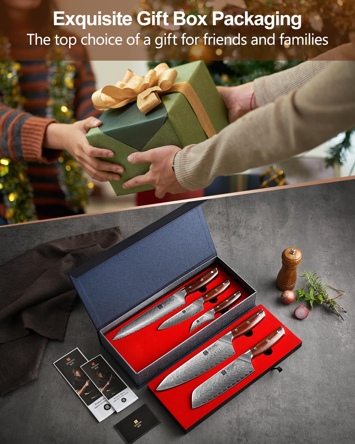 XINZUO 5 Pièces Ensemble de Couteaux de Cuisine,Haute Qualité Tranchants Japon Couteau de Cuisine Acier Damas Couteau de Chef Santoku Universel Fruit Couteau à Pain avec Rosewood Poignée-Yi Série