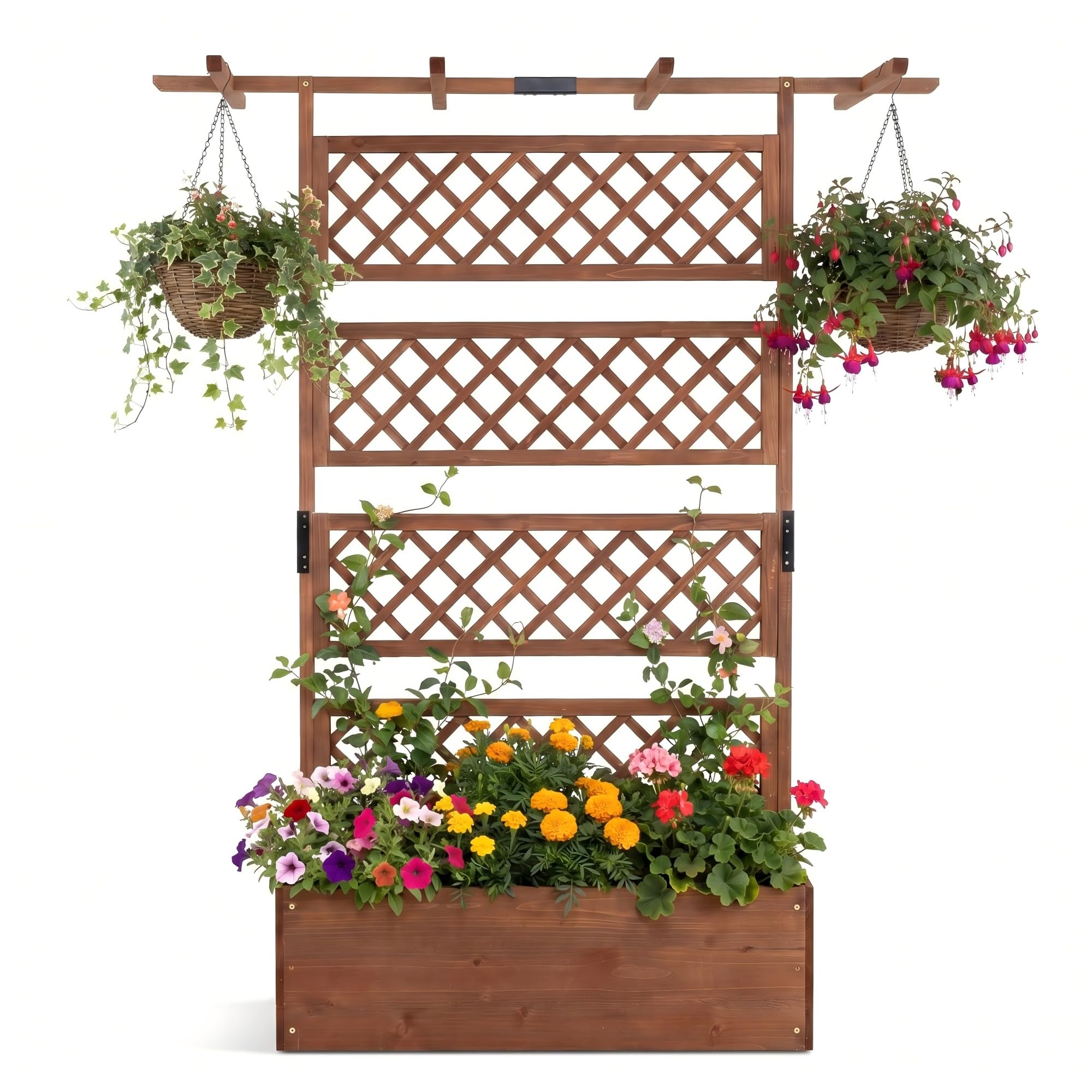 GOPLUS Blumenkasten mit Rankgitter, Pflanzkasten mit hängendem Dach & Querstange, Pflanzbeet aus Tannenholz, Pflanzkübel Outdoor mit Ablauflöchern, Blumenkübel für Garten & Balkon, 100 x 55 x 183 cm