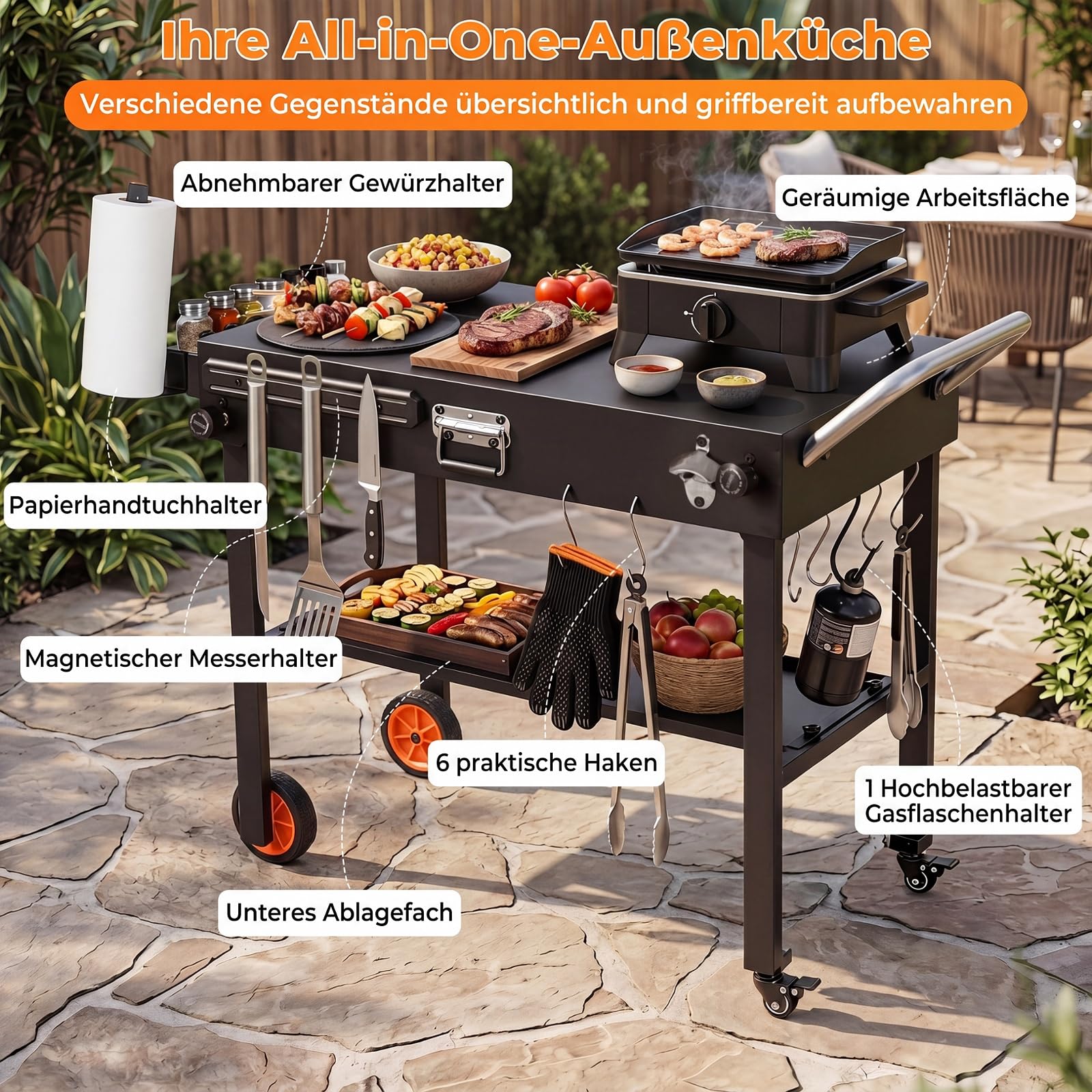 COSTWAY Grillwagen Outdoor, Grilltisch klappbar, Servierwagen Metall | Pizzatisch mit Rollen, 82 x 46 cm Arbeitsfläche & Hitzeschutzmatte, Grill Beistelltisch wetterfest, für BBQ Partys Garten