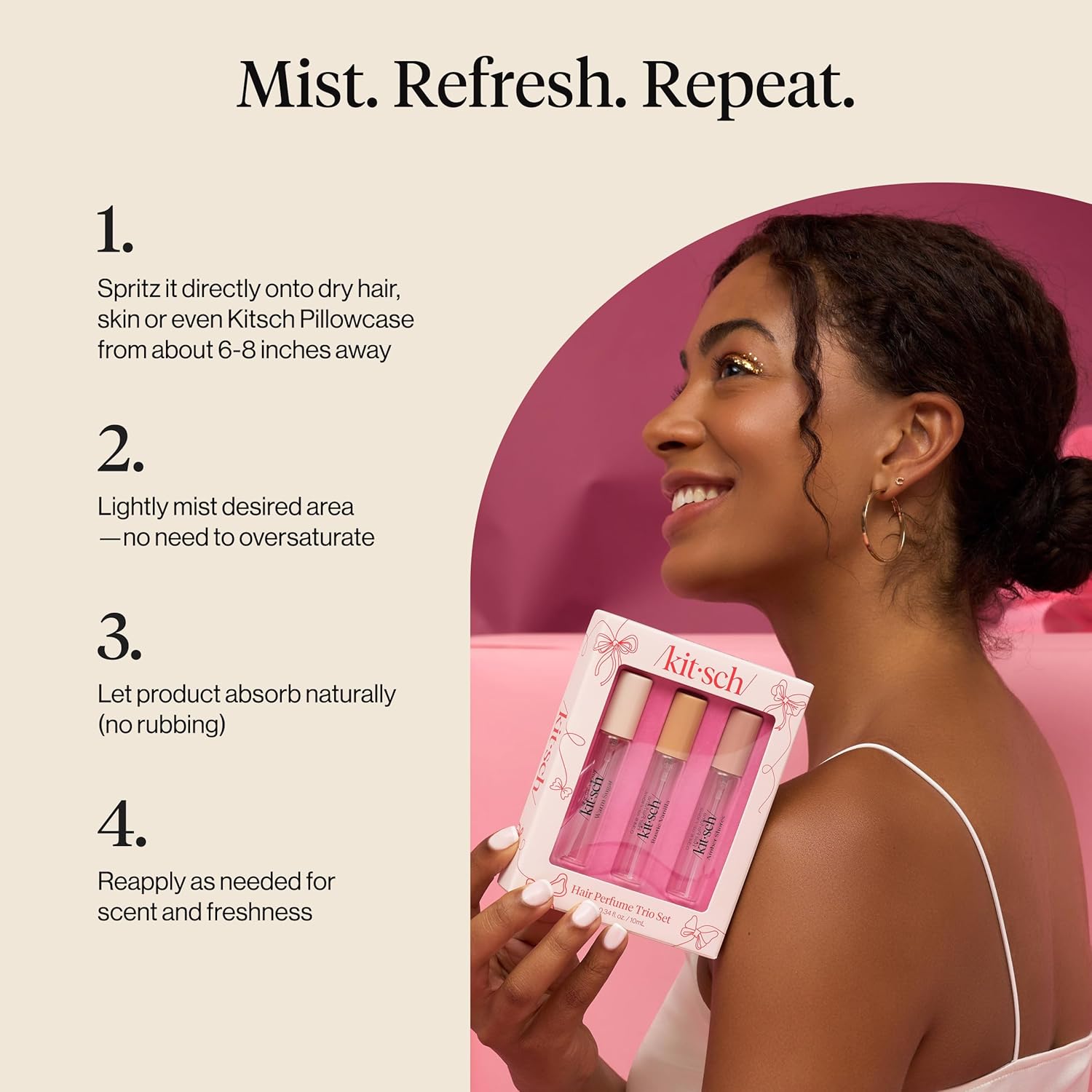 Kitsch Hair Perfume for Women - Trio Set | Clean, Deodorizing & Patented Odor-Eliminating Technology Hair Spray & Body Mist - Freshen Hair, Pillows - Amber Shores, Warm Sugar, Rustic Vanilla, 3x10mL - Image 6