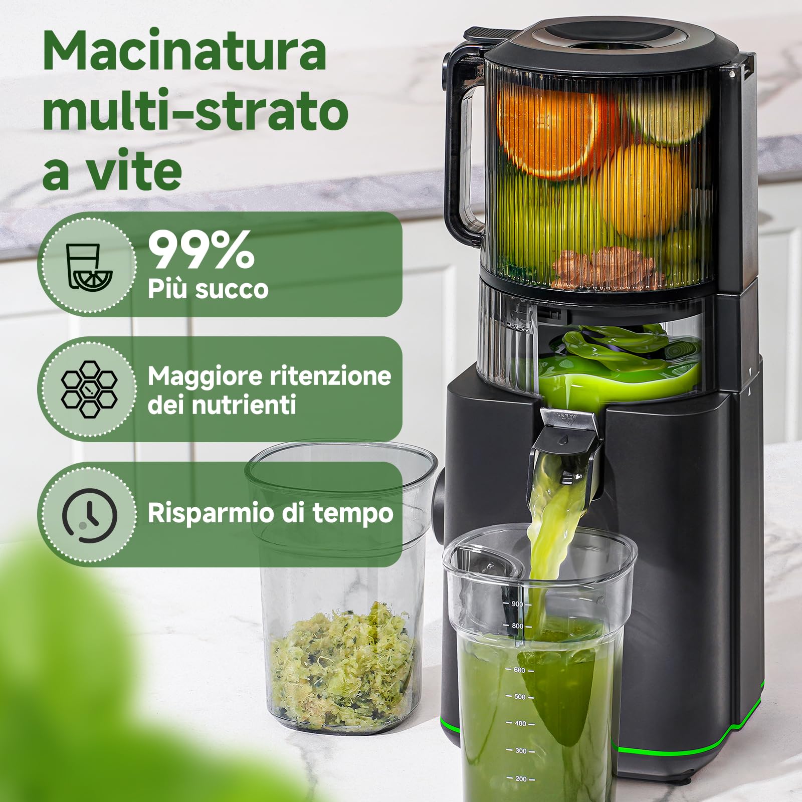 AMZCHEF Estrattore di Succo, Bocca 155mm, 2,5L, Separatore della Schiuma, 2 Filtres, Pressione Automatica, Succo Puro e Vellutato, Silenzioso e Facile da Pulire, Ideale per Famiglia e Colazione