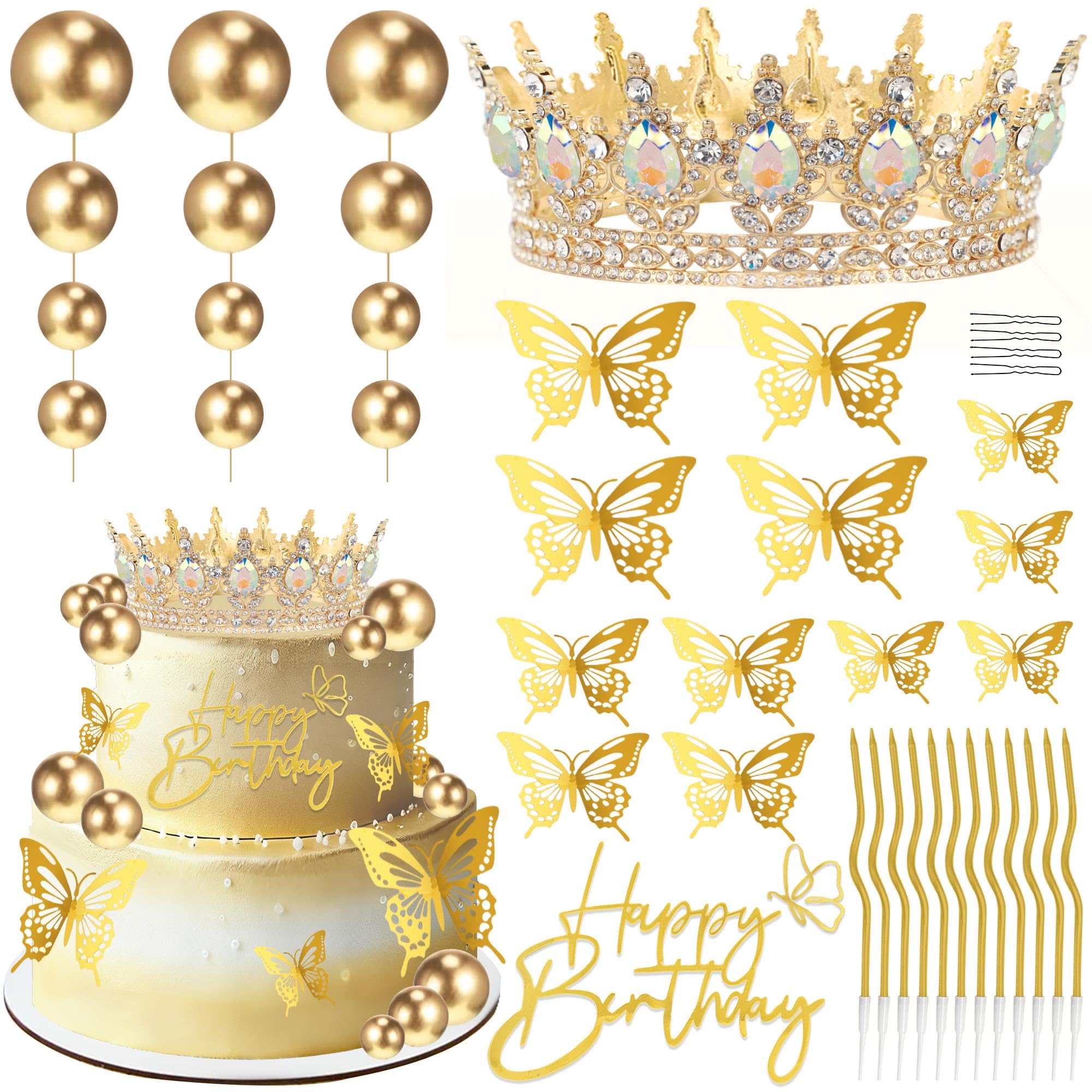 Giyehehi 38-piece birthday cake topper set with crown, cake decorations with “Happy Birthday” topper, balls, butterflies, crown for princess, wedding decoration