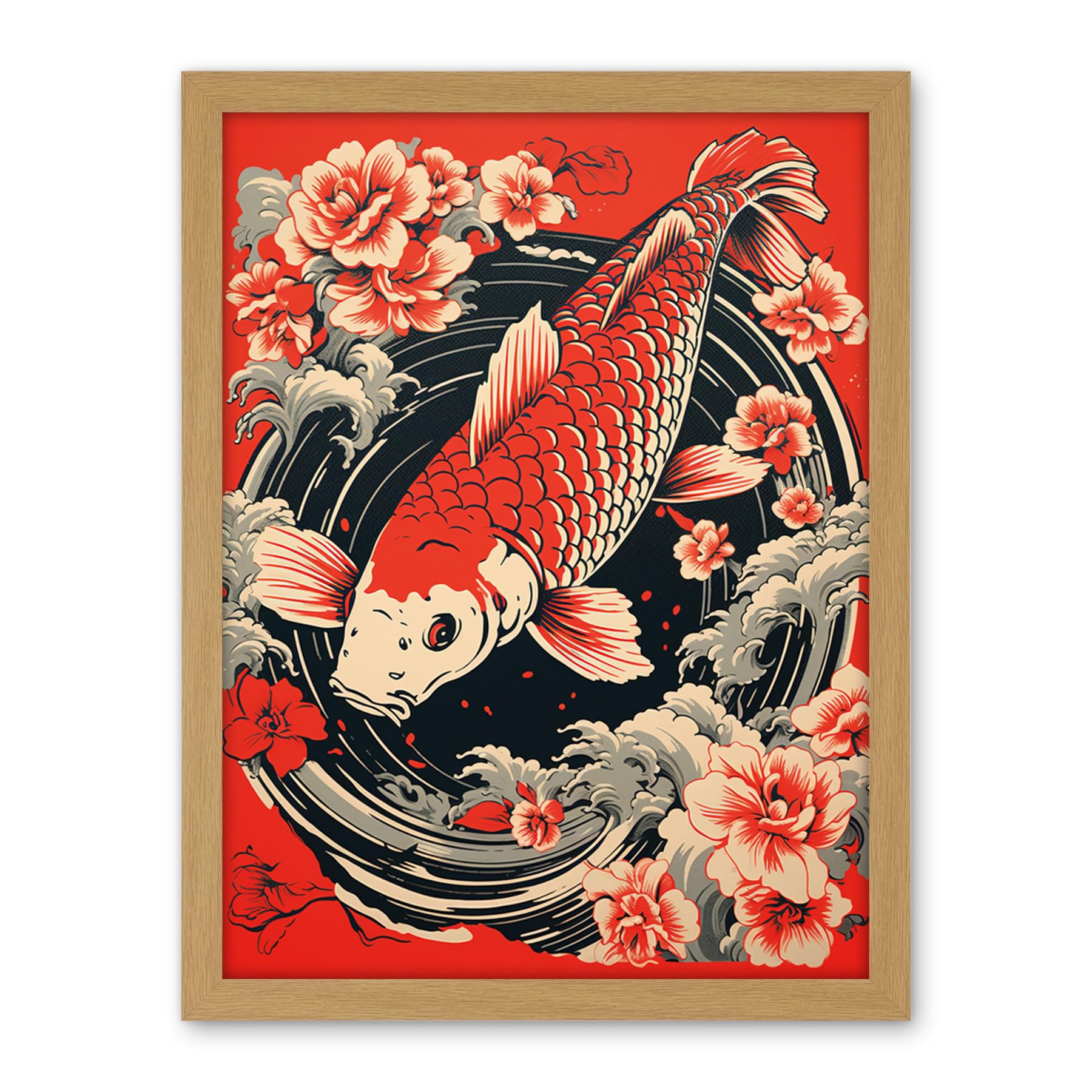Artery8 Koi Fish Carp Japanese Whirlpool Red Black Floral Illustration Artwork Coy Artwork Framed Wall Art Print 18X24 Inch