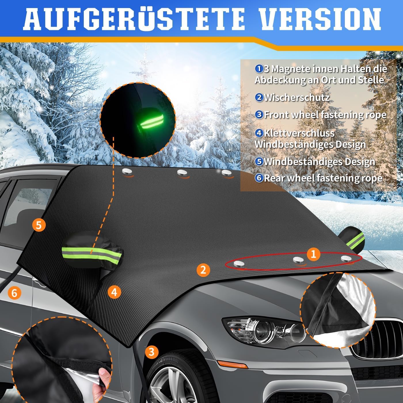 iZoeL Couverture Pare-Brise Voiture Grande Auto Couverture Magnétique avec Housse Protection de Rétroviseur Latéral Protection Hivernale Protège Contre Vent Neige Poussière Givre Soleil - 225 x 164 cm