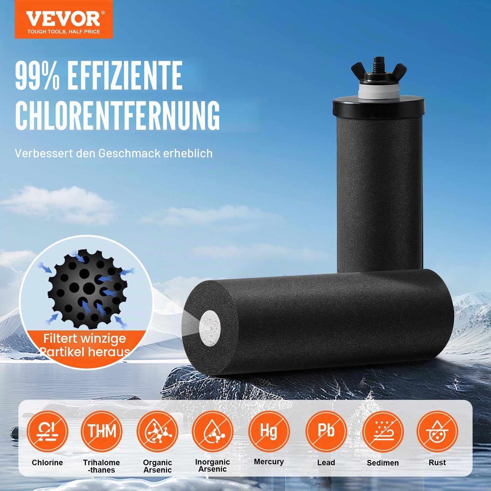 VEVOR Schwerkraft-Wasserfiltersystem, 2,25 G 304 Edelstahl-Arbeitsplatten-Wasserfiltersystem, reduziert Blei und bis zu 99% Chlor, mit 2 Kohlefiltern/Zapfhahn/Ständer, für Zuhause, Camping, Wohnmobil