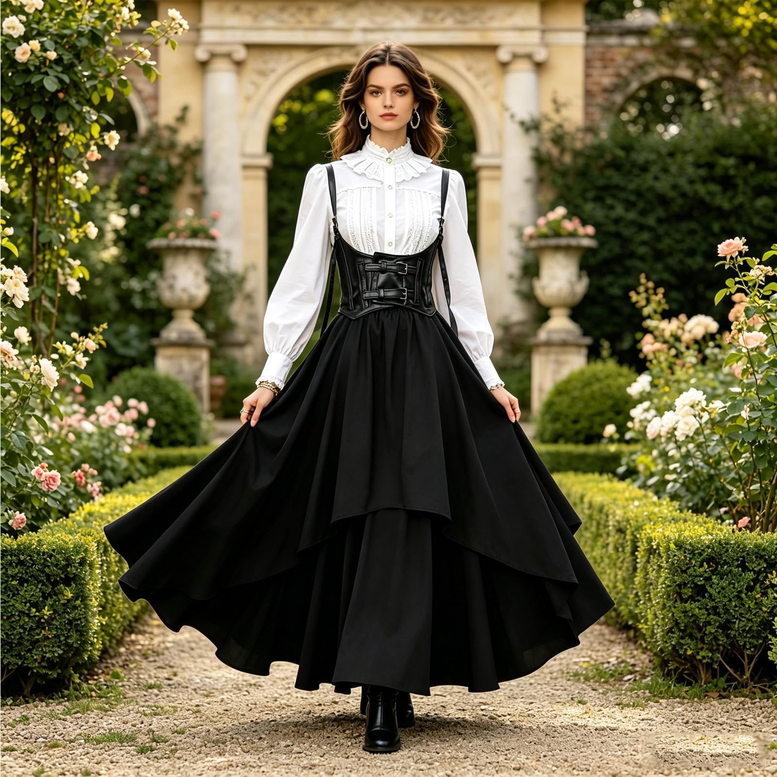 Trachtenkleid Outfit Oktoberfest Ohne Dirndl Damen Dirndlkleid Trachtenrock | Dunkles Design,Lange äRmel,Renaissance-Stil,Historisch,Cosplay-Tauglich,Bequem für Veranstaltungen