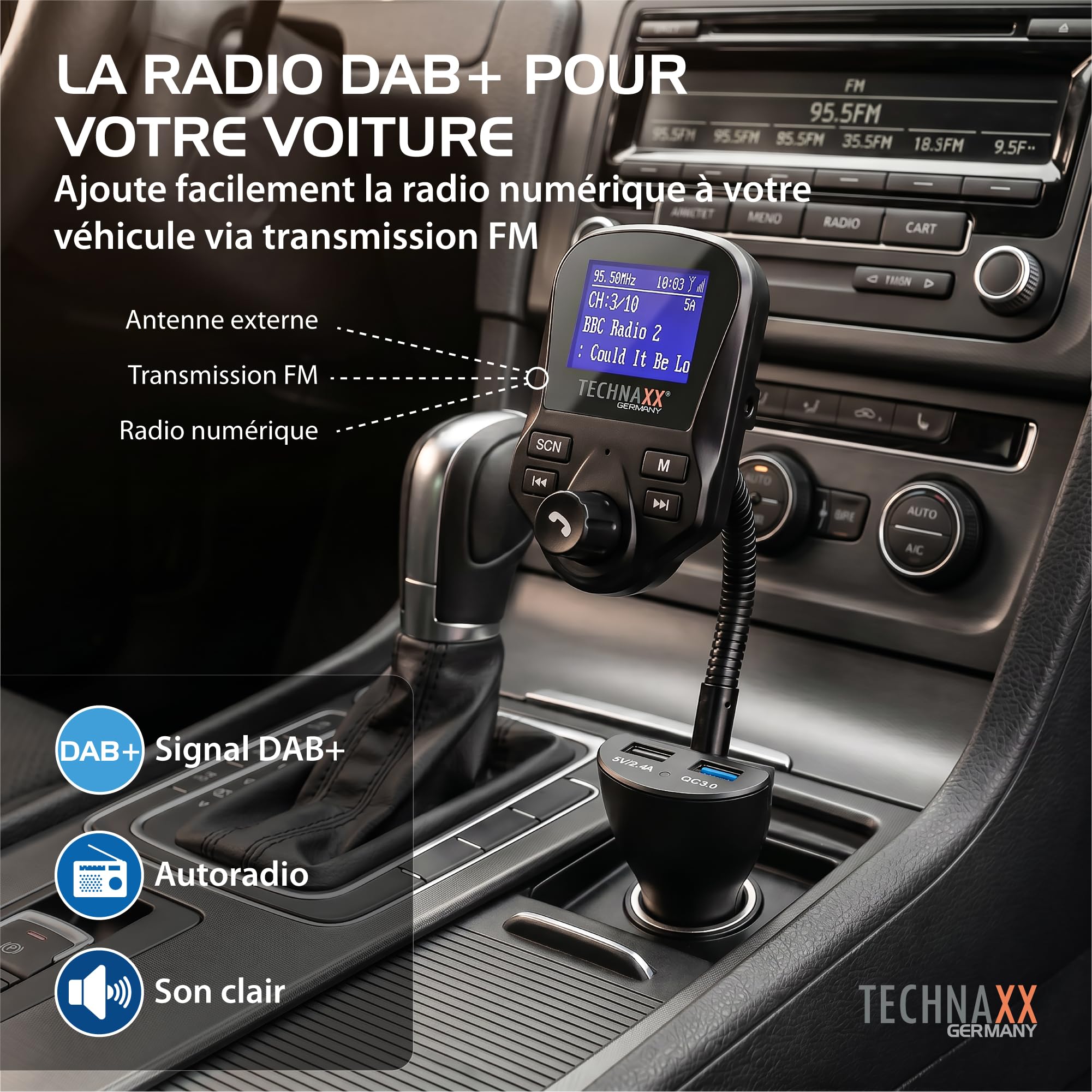 Technaxx Transmetteur FM DAB+ Bluetooth Voiture Kit Mains Libres – Adaptateur Radio DAB avec 2 USB (QC3.0), AUX, MicroSD, Grand Écran, Streaming Musique & Appels FMT1500BT