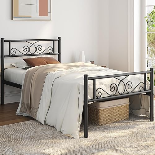 Miniatura 67 de Yaheetech - Base de cama, plataforma clásica de metal con cabecera y estribo - base de colchón con diseño floral para adultos, niñas, niños - Negro