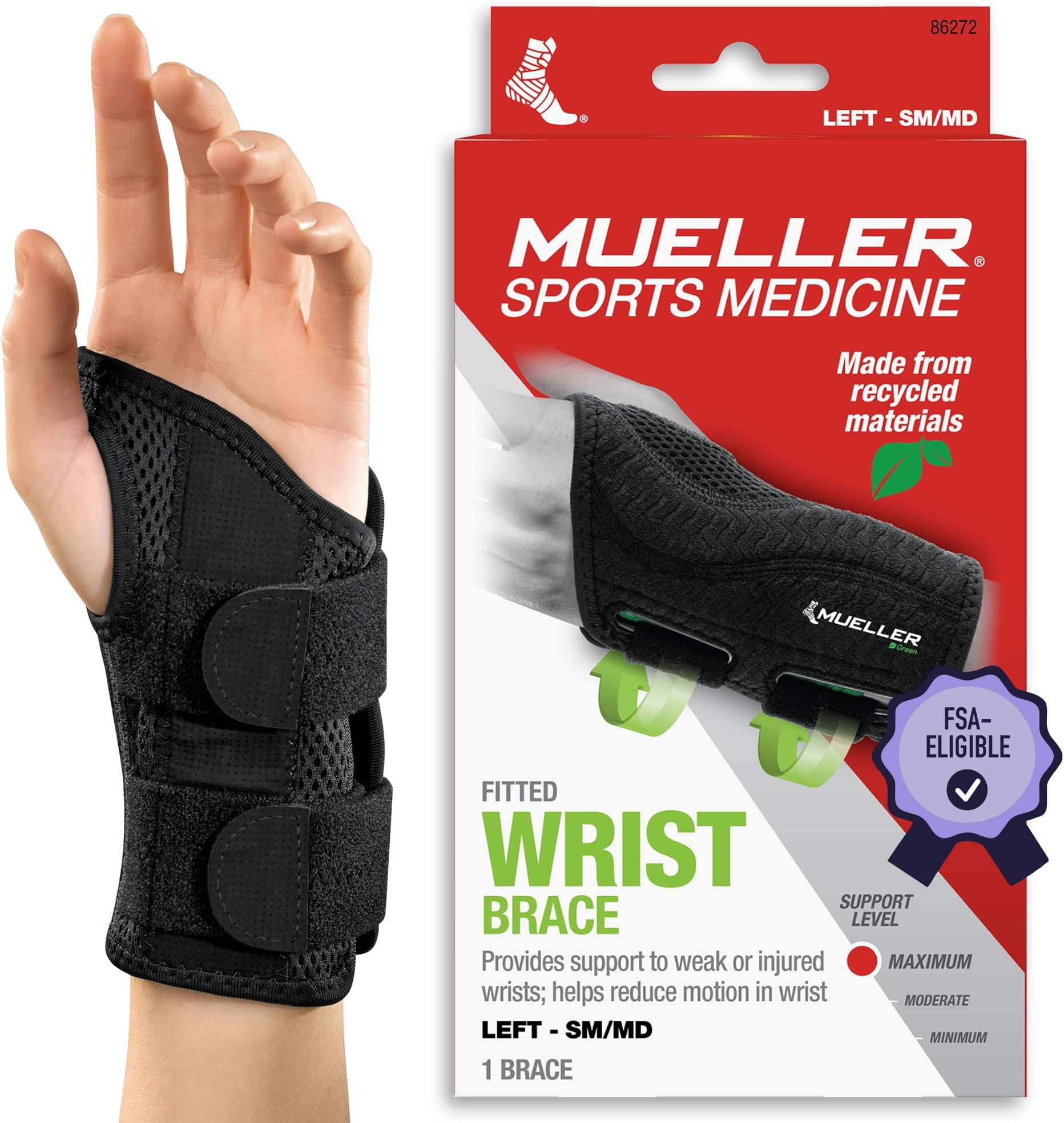 Mueller Sports Medicine Fitted Right Hand Wrist Brace for Men and Women, Wrist Pain Relief Support, Ideal for Carpal Tunnel, Tendonitis, Arthritis, Black, Size Small/Medium