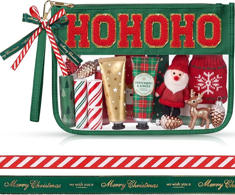 Necessaire transparente Clysee com zíper e letras chenille HOHOHO, verde e vermelho, com 2 fitas
