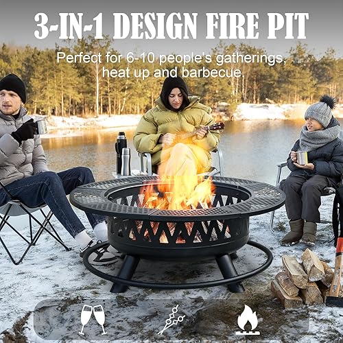 Miniatura 3 de Fogata de 42 pulgadas con 2 parrillas, grandes fogatas al aire libre para exteriores, chimenea de leña para campamento, picnic, hoguera, mesa