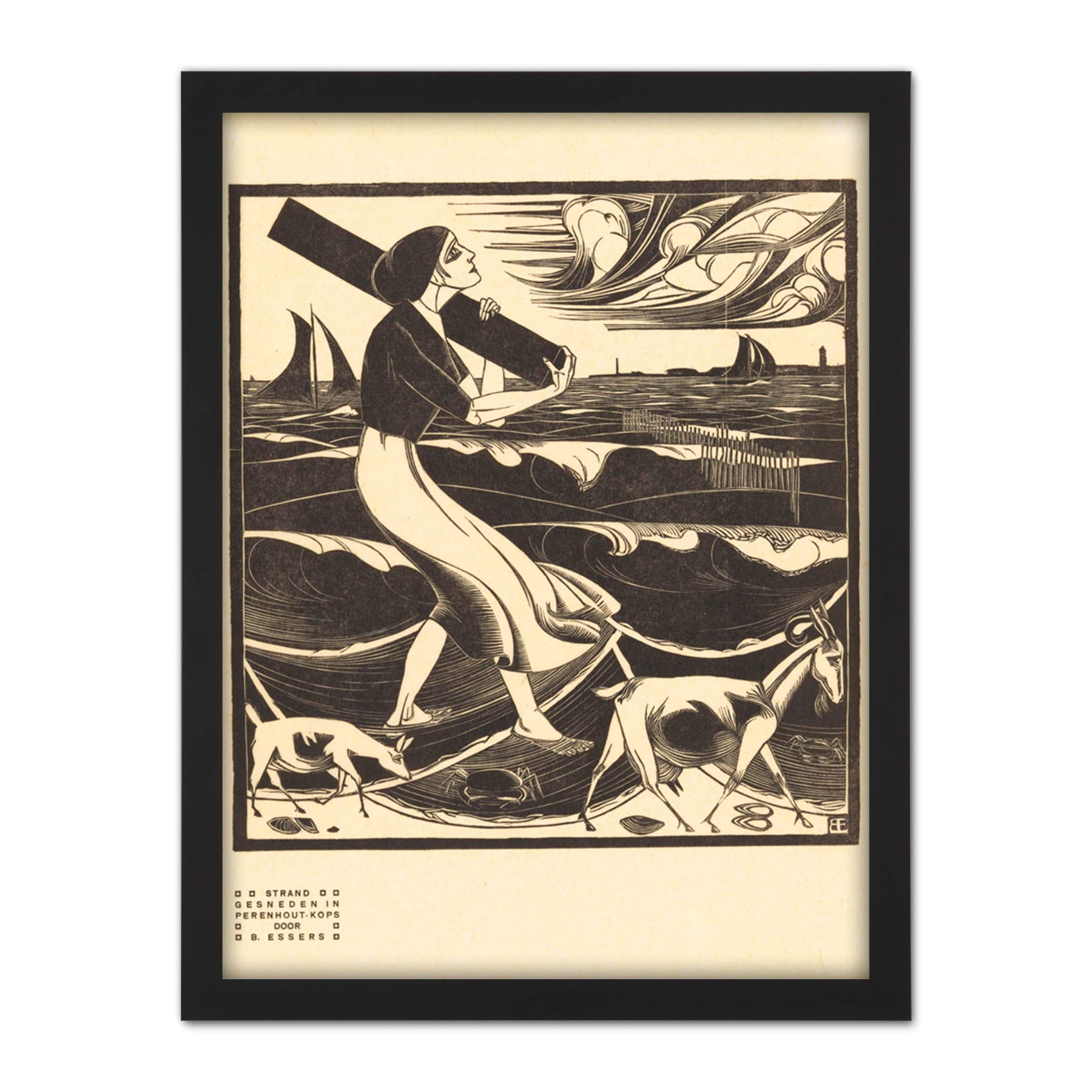 Artery8 Bernard Essers Beach Woman Goats Bw Seascape Artwork Framed Wall Art Print 18X24 Inch