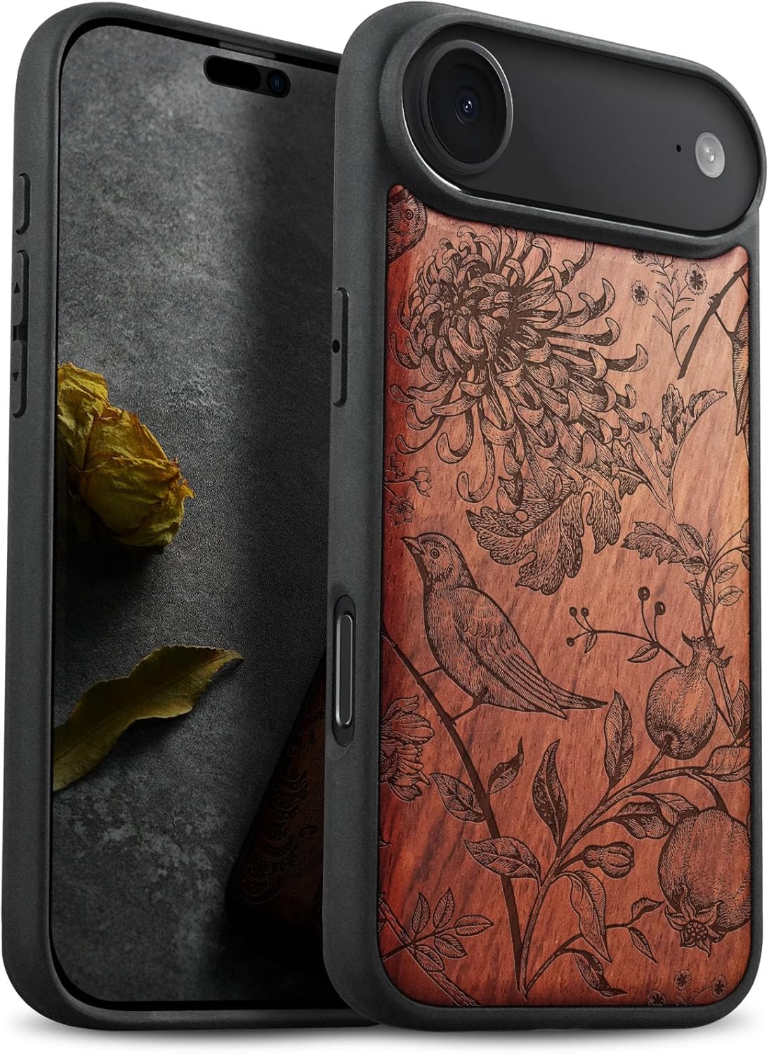 Carveit Magnetic Wooden Case for iPhone Air Case, Wood Artisan Engraved & Soft TPU Shockproof Cover, Compatible with MagSafe 17 Air Wireless Chargers (Chrysanthemum and Songbird) Rosy