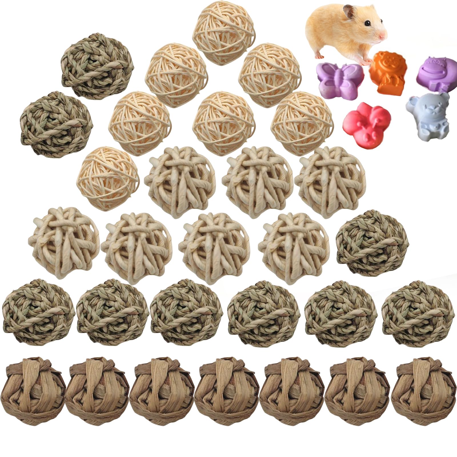 30PCS Rabbit Grass Balls 1.96in Guinea Pig Balls Small Animal Activity Enrichment Toy for Bunny Chinchilla Hamster Gerbil Grinding Playing