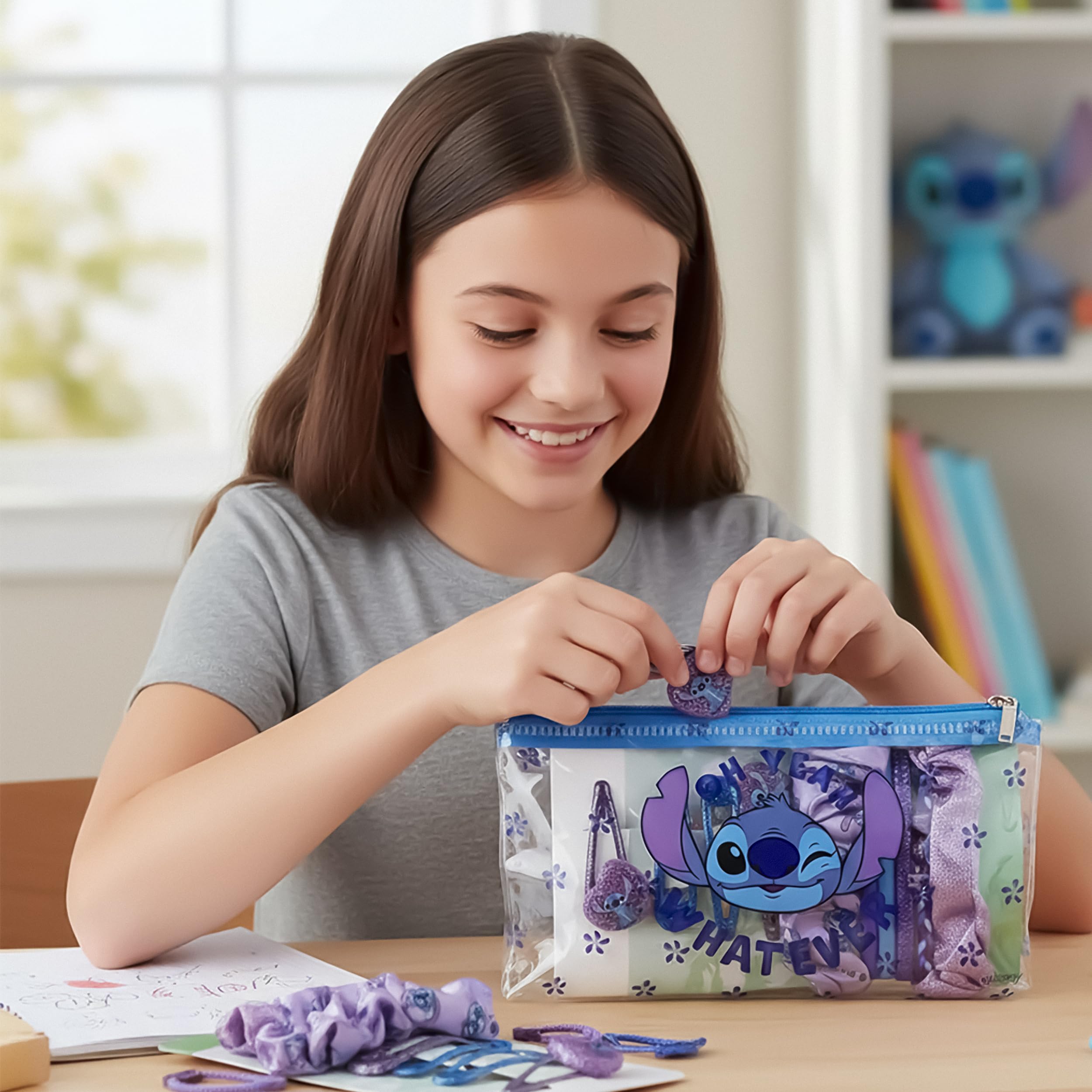 Zestaw kosmetyczny Stitch – zawiera 2 gumki do włosów z tkaniny, 4 spinki do włosów, 4 spinki do włosów i kosmetyczkę - idealny, aby zaskoczyć swoje dziecko - Design inspirowany ściegiem - oryginalny