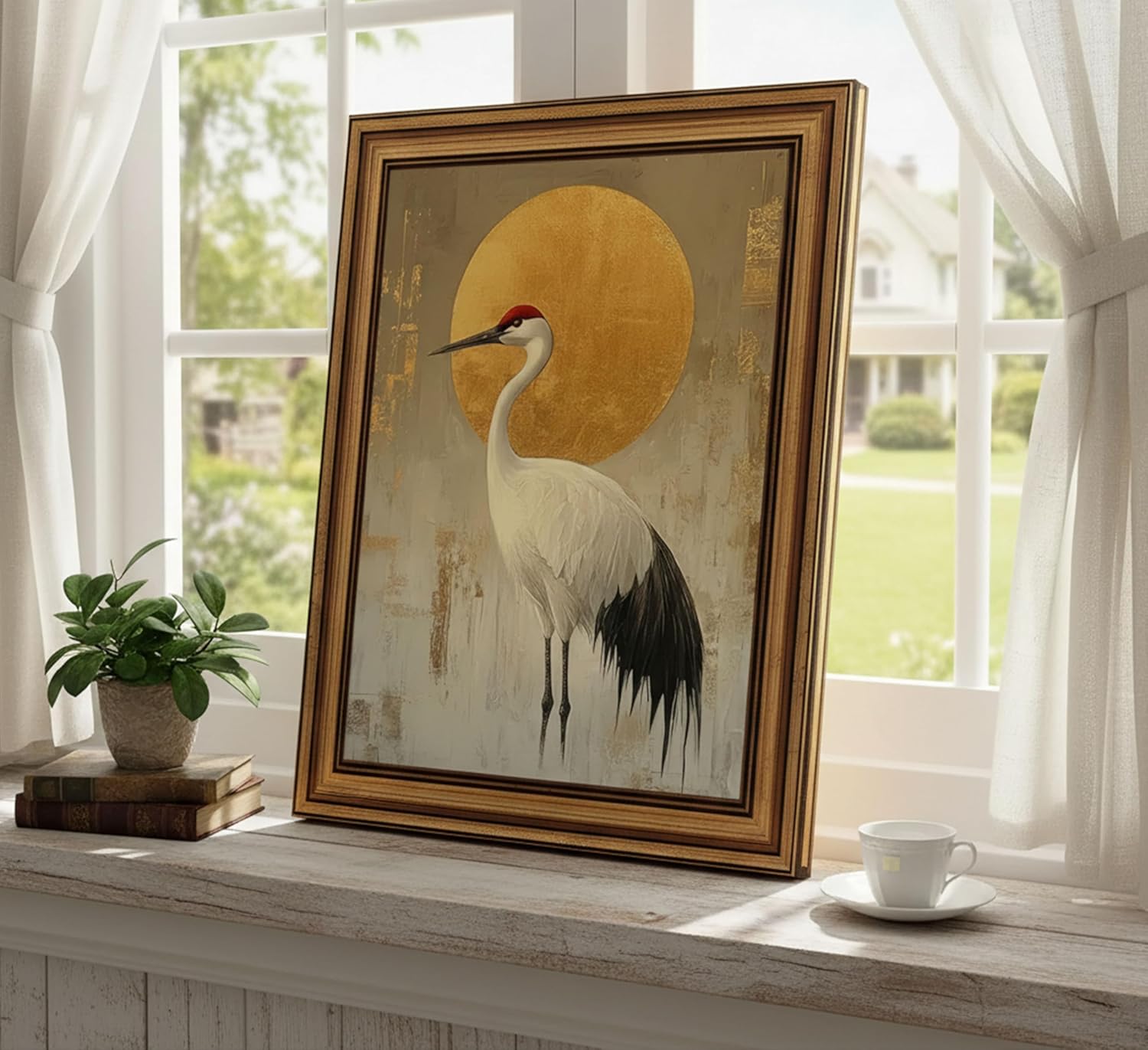 Framed Japanese Zen Crane Wall Art Luxury Elegant Golden Red-crowned Crane Painting Picture Wall Decor Poster Print Artwork for Meditation Room Office Bedroom Home Decoration