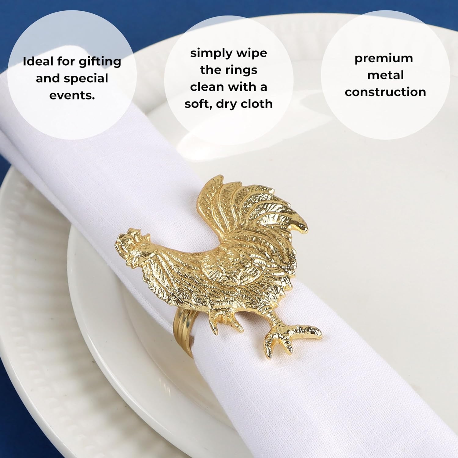 CLEENTABLE Rooster Metal Napkin Rings, Gold, 12-Pack