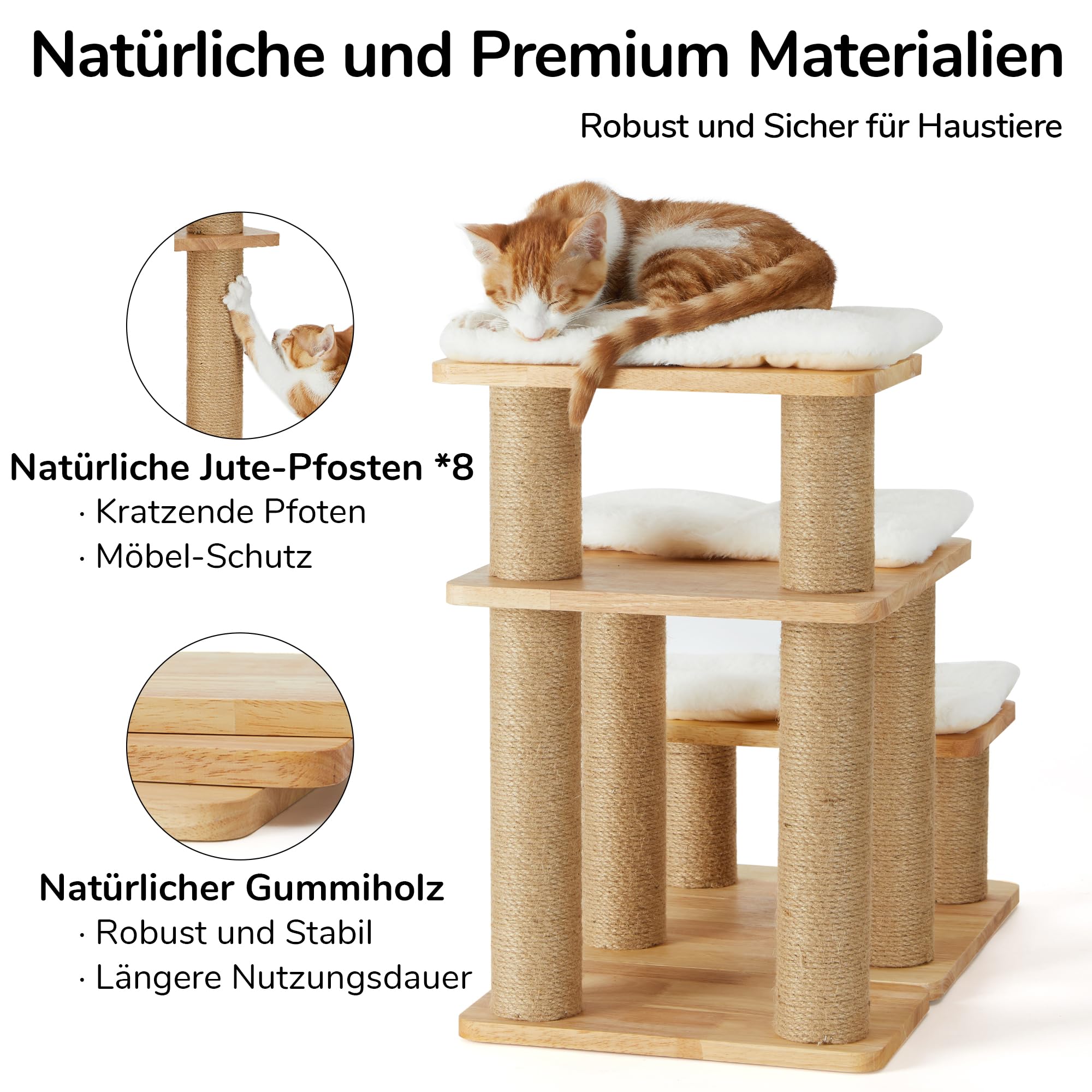 FUKUMARU Hundetreppe, 3 Stufen Haustiertreppe, Katzentreppe aus natürlichem Gummiholz und Jute，18-51cm einstellbare Höhe, Hält bis zu 90 kg，Plüschkissen waschbar, 6 Kombinationsmöglichkeiten