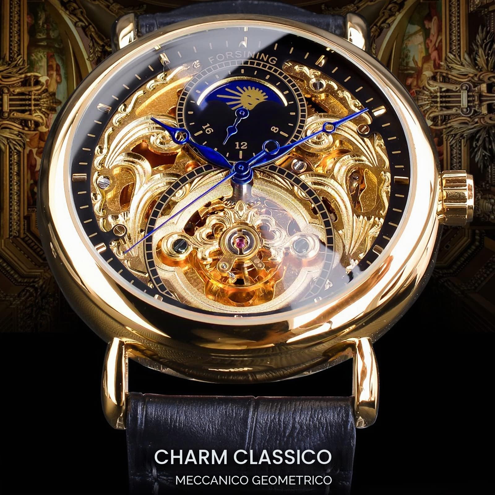 FORSINING Orologio da polso da uomo automatico a carica automatica, con cinturino in silicone nero, stile retrò, scheletro, fasi lunari, grande quadrante meccanico