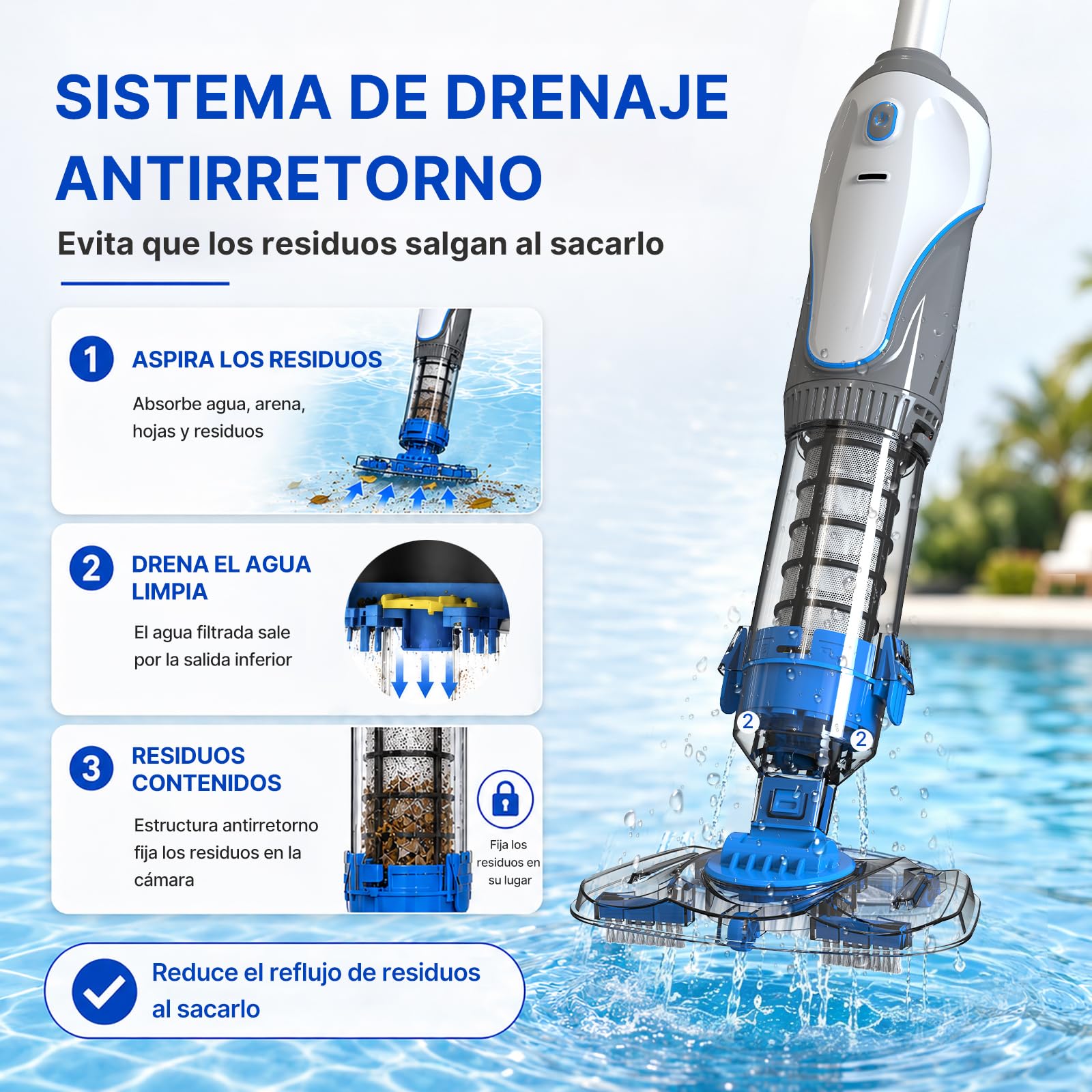 2026 Aspirador de Piscina a Batería Recargable, Aspirador de SPA Inalámbrico, Doble Filtración, Limpiafondos de Piscina, Ideal para SPA, Piscina Pequeña, Azul