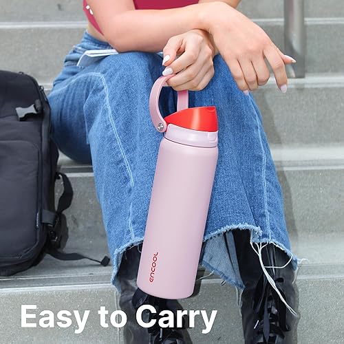 Miniatura 7 de Encool Botella de agua aislada de acero inoxidable con popote, botella de agua deportiva a prueba de fugas para la escuela, viajes, mantiene el frío