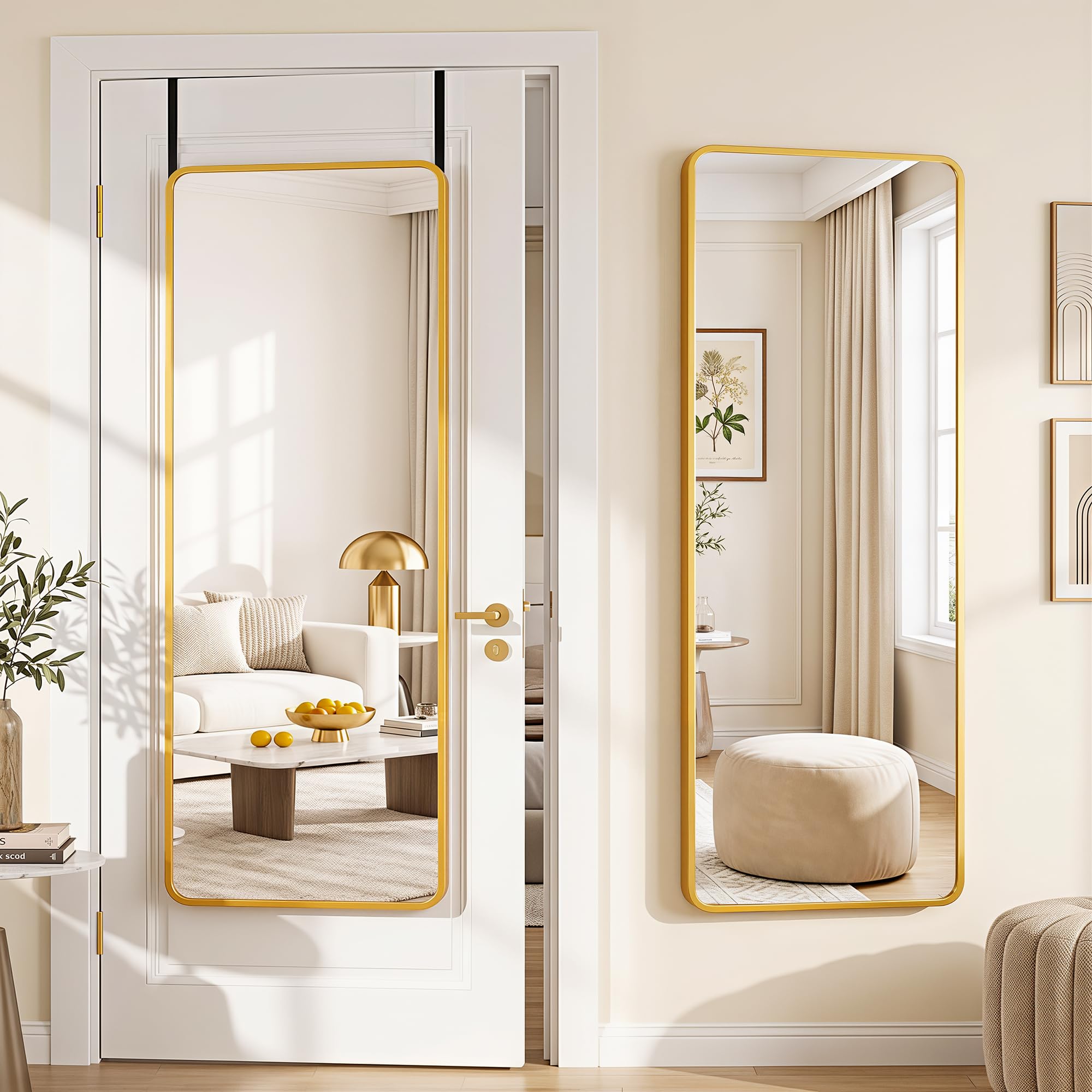 Suidia Full Length Mirror Over the Door&amp;Wall Mounted, 58"x19" Door Mirror with Aluminum Alloy Frame, HD Shatterproof, No-Drill, Hanging Mirrors for Bedroom, Bathroom, Dorm, Closet, Rounded Rect, Gold