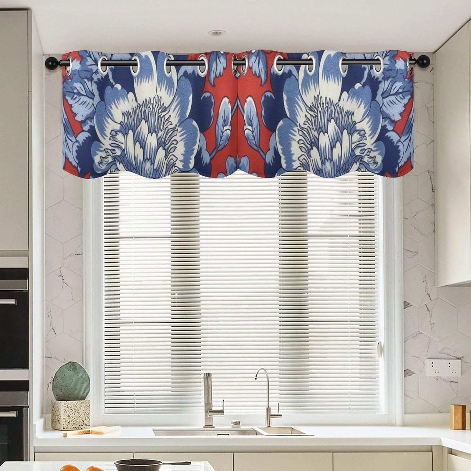 Cantonnière chinoiserie rouge bleue 132x45cm fenêtre cuisine orientale
