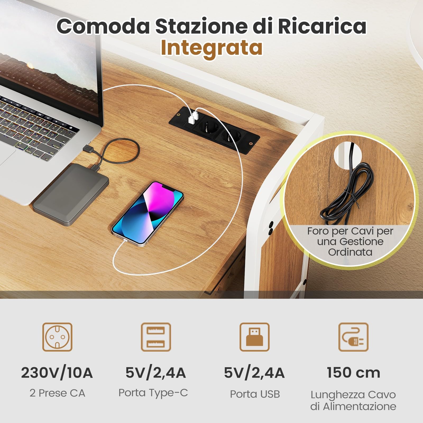 COSTWAY Scrivania Pieghevole con Sgabello, Scrivania Portatile con Scaffale e Stazione di Ricarica, Tavolo da Scrittura con Sedia per Studio e Ufficio (Naturale)
