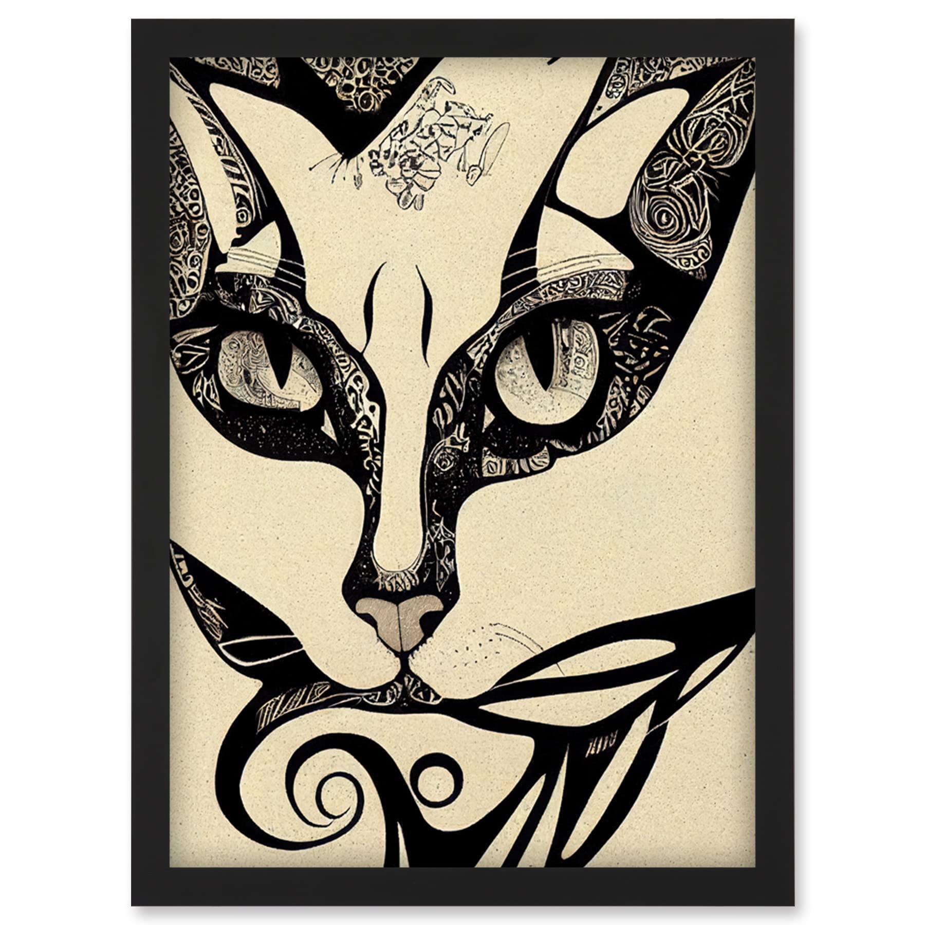 Artery8 Abstract Boho Portrait Cat Sketch Cat Tribal Intricate Wall Art PrintA4 Size from B&Q