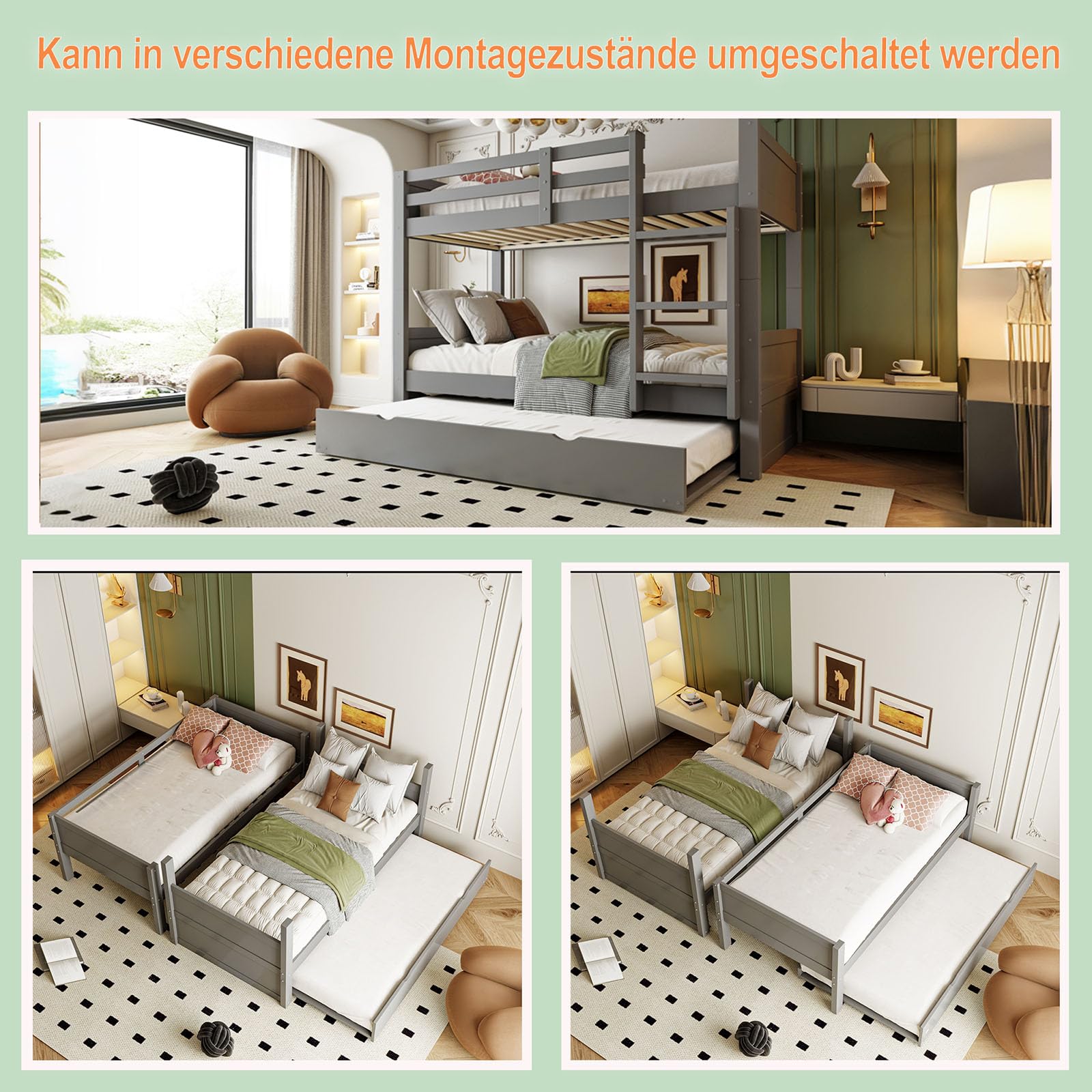 DHHU Lit superposé en Bois 90x200 cm 3 en 1 Convertible avec lit gigogne, barrière sécurité, échelle, sommier Lattes, Design scandinave, Chambre Enfant ado invité