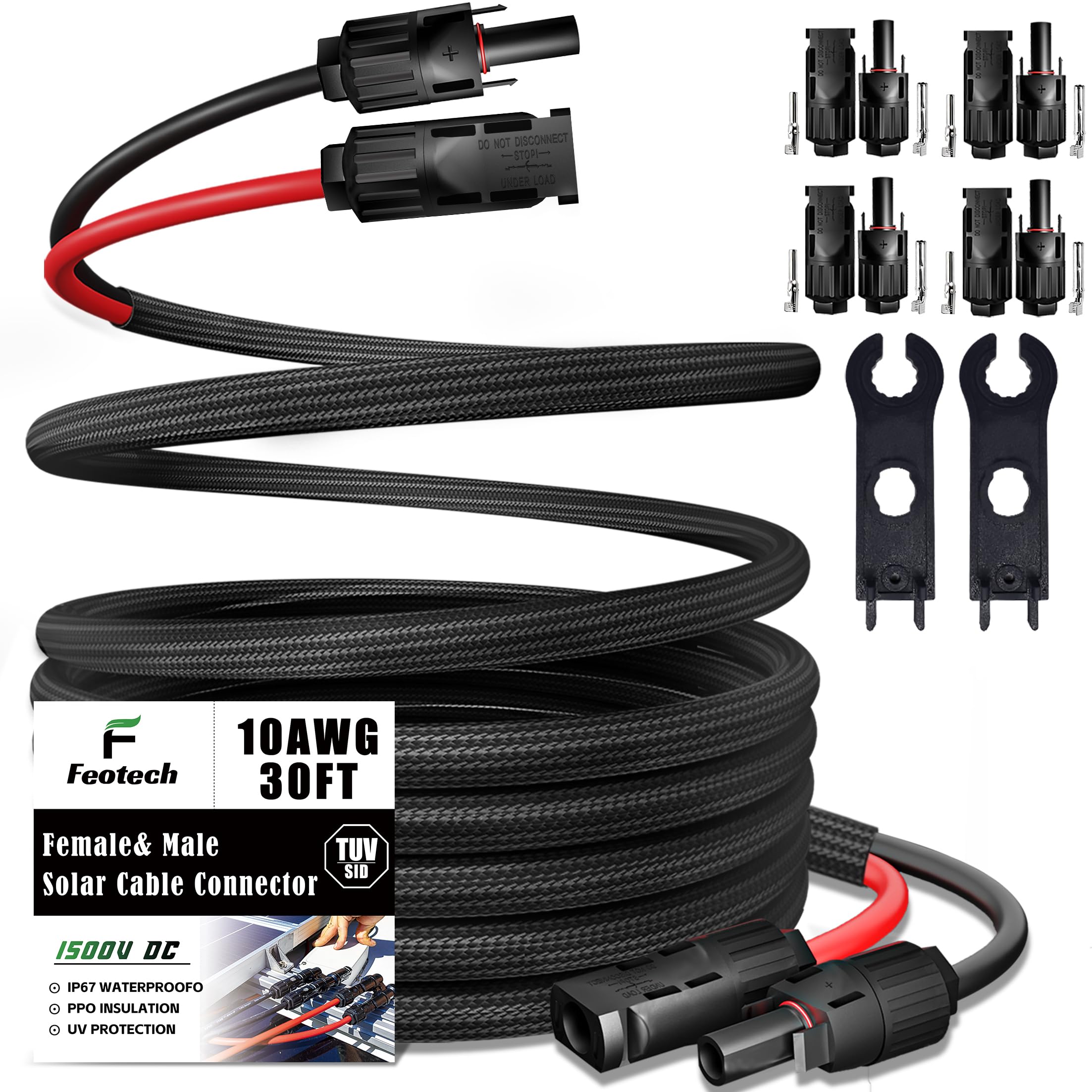 Cavo di prolunga a doppio filo da 9,1 m, 10 AWG con connettore femmina e maschio IP67, con 4 paia di adattatori per pannello solare (6 paia di connettori)