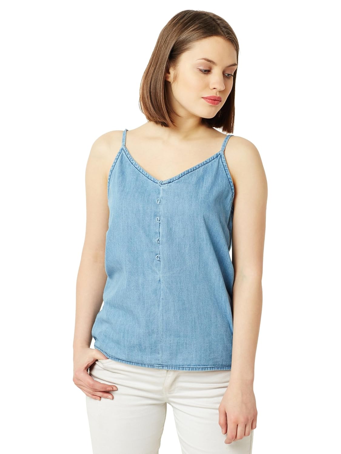 Miss Chase Women’s Light Blue V Neck Sleevesless Cotton Solid Denim Regular Fit Spaghetti Top Miss Chase Women’s Light Blue V Neck Sleevesless Cotton Solid Denim Regular Fit Spaghetti Top