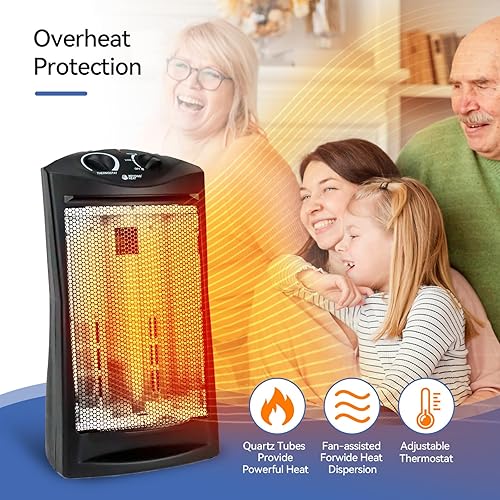 Miniatura 3 de Calentador de torre radiante infrarrojo de cuarzo eléctrico de 1500 W, calentador de espacio portátil con protección contra vuelco y