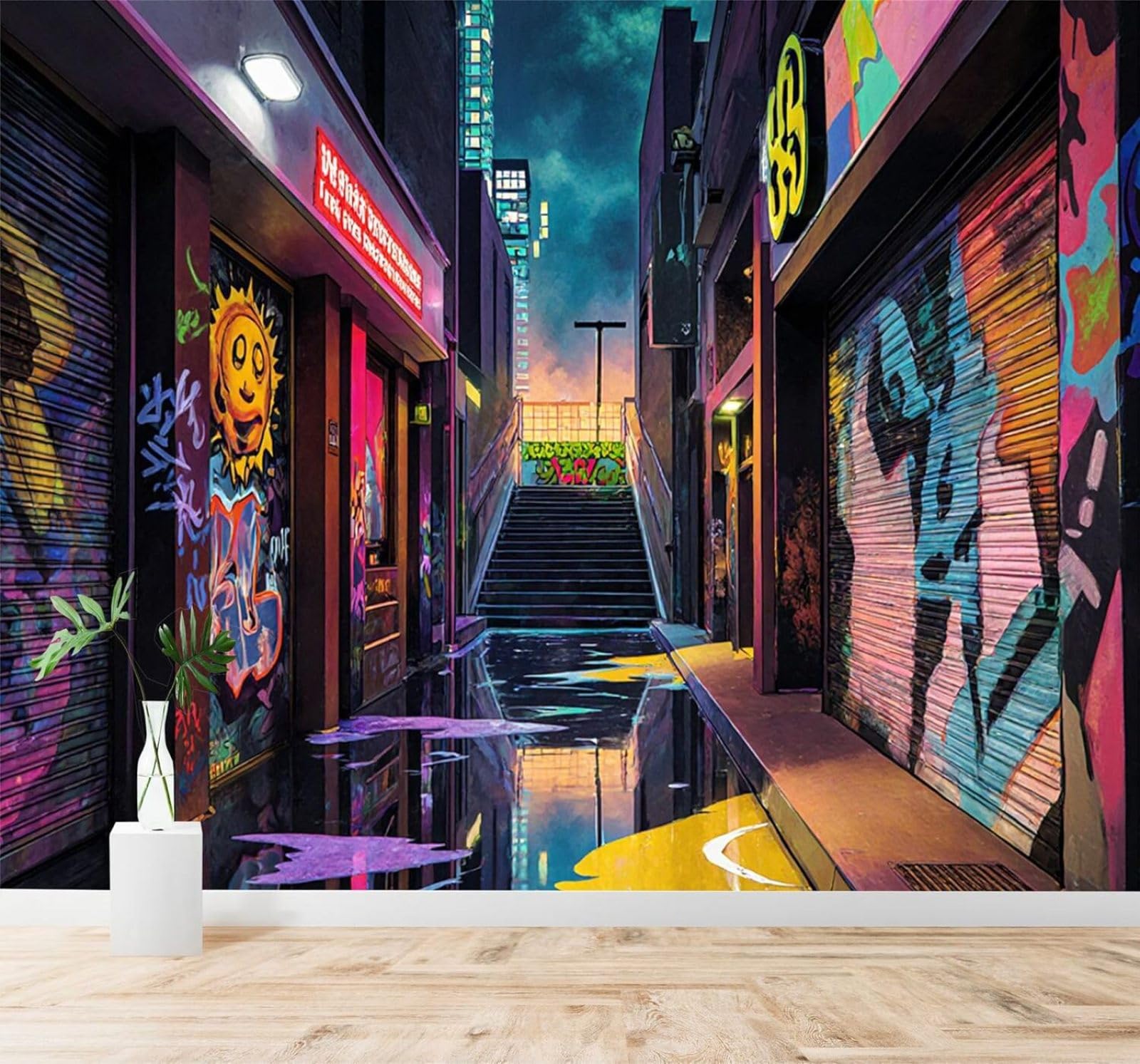 XLMING Abstract City Architecture Street Colourful Graffiti Art 3D Wallpaper Silky Texture Home Study Office Grey Dining Room Sofa Bedroom Living Room TV Backdrop-300cm×210cm