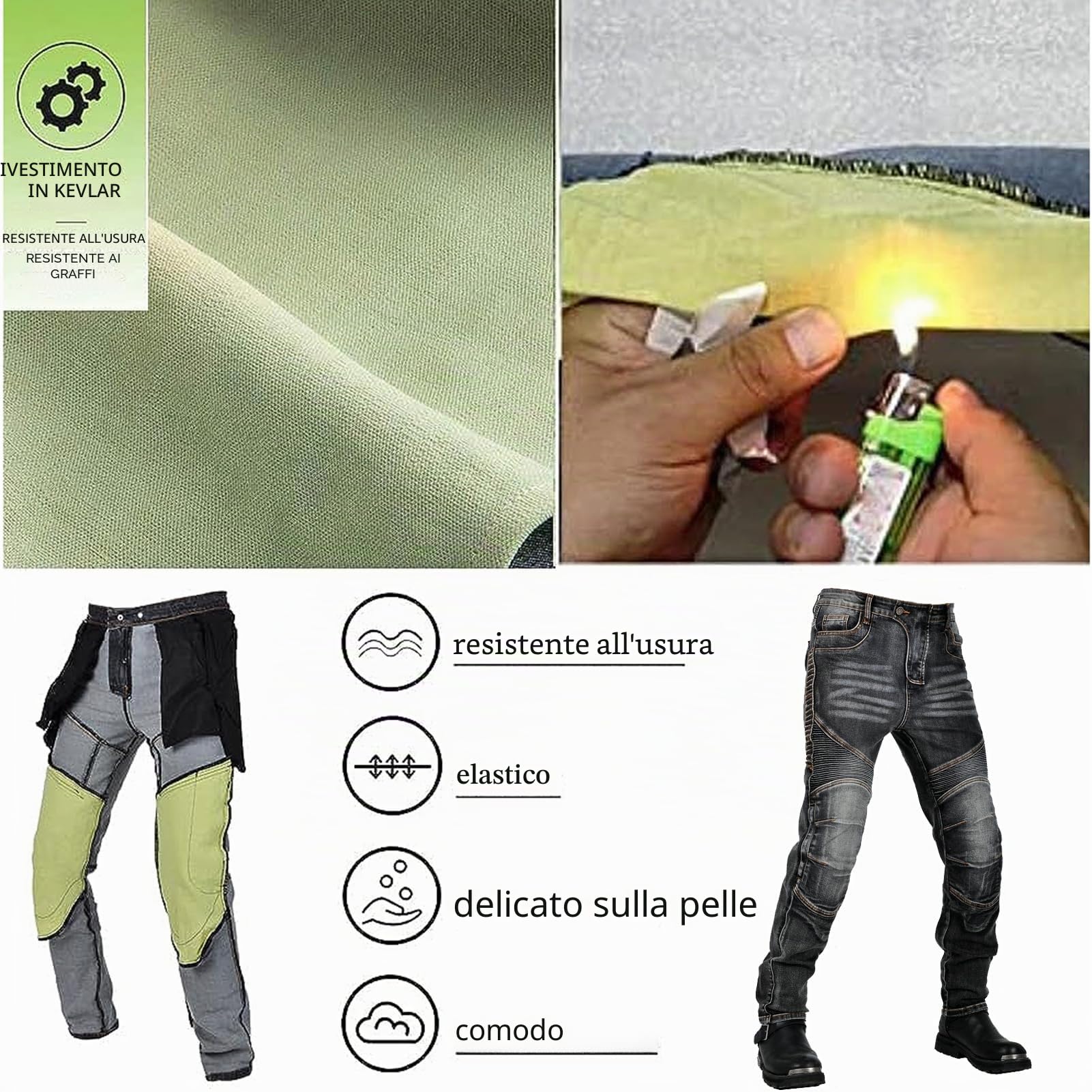 Pantaloni Moto Uomo, Jeans Moto Uomo con Fibra Aramidica, Resistenti all'Usura con 2 Paia di Protezioni su Fianchi e Ginocchia, Cuscinetti Rimovibili (Nero,M)