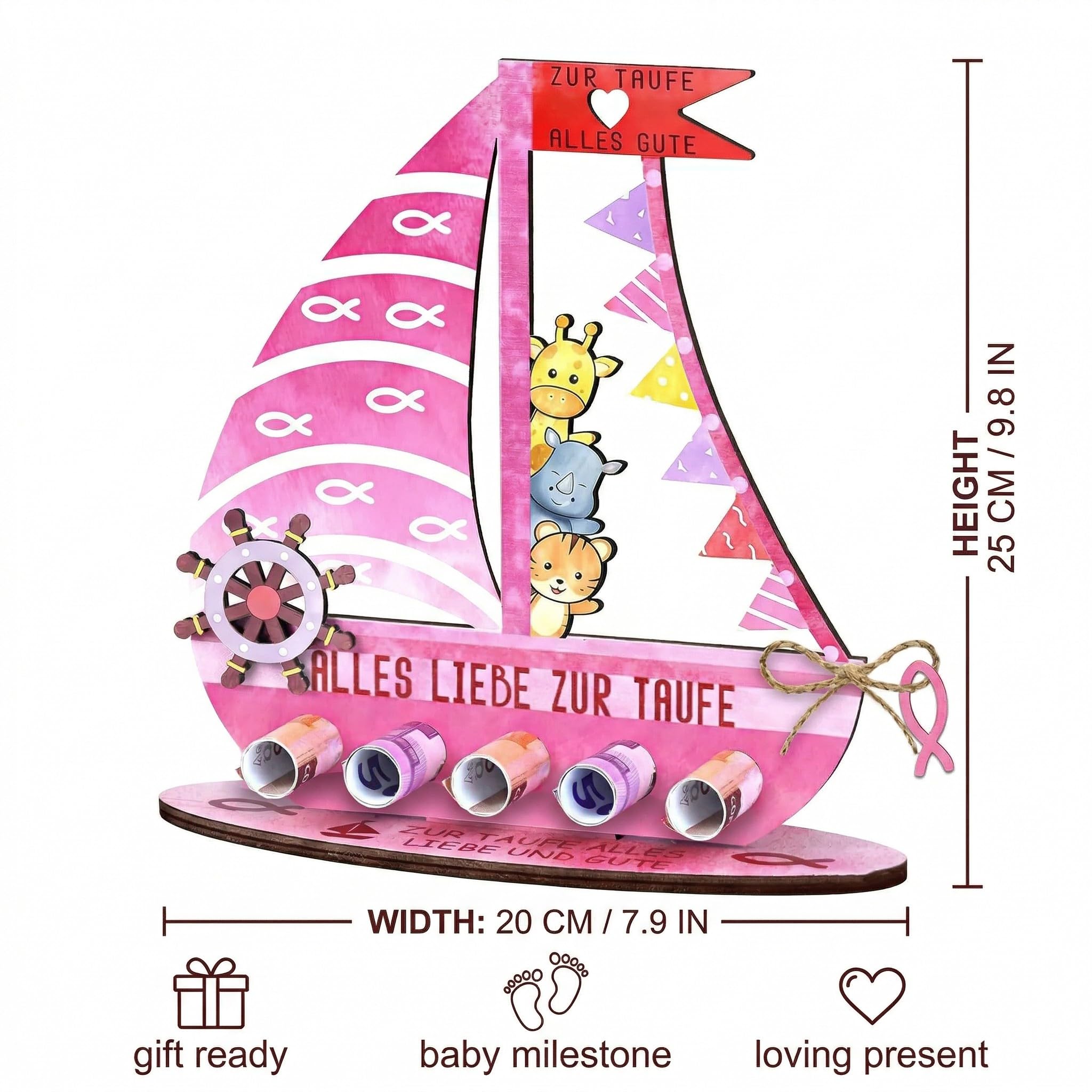 Cadeau Baptême Fille en Bois, Cadeau de Baptême Original pour Bébé Fille, Décoration Arche de Noé Rose, Souvenir pour Communion, Anniversaire et Baby Shower