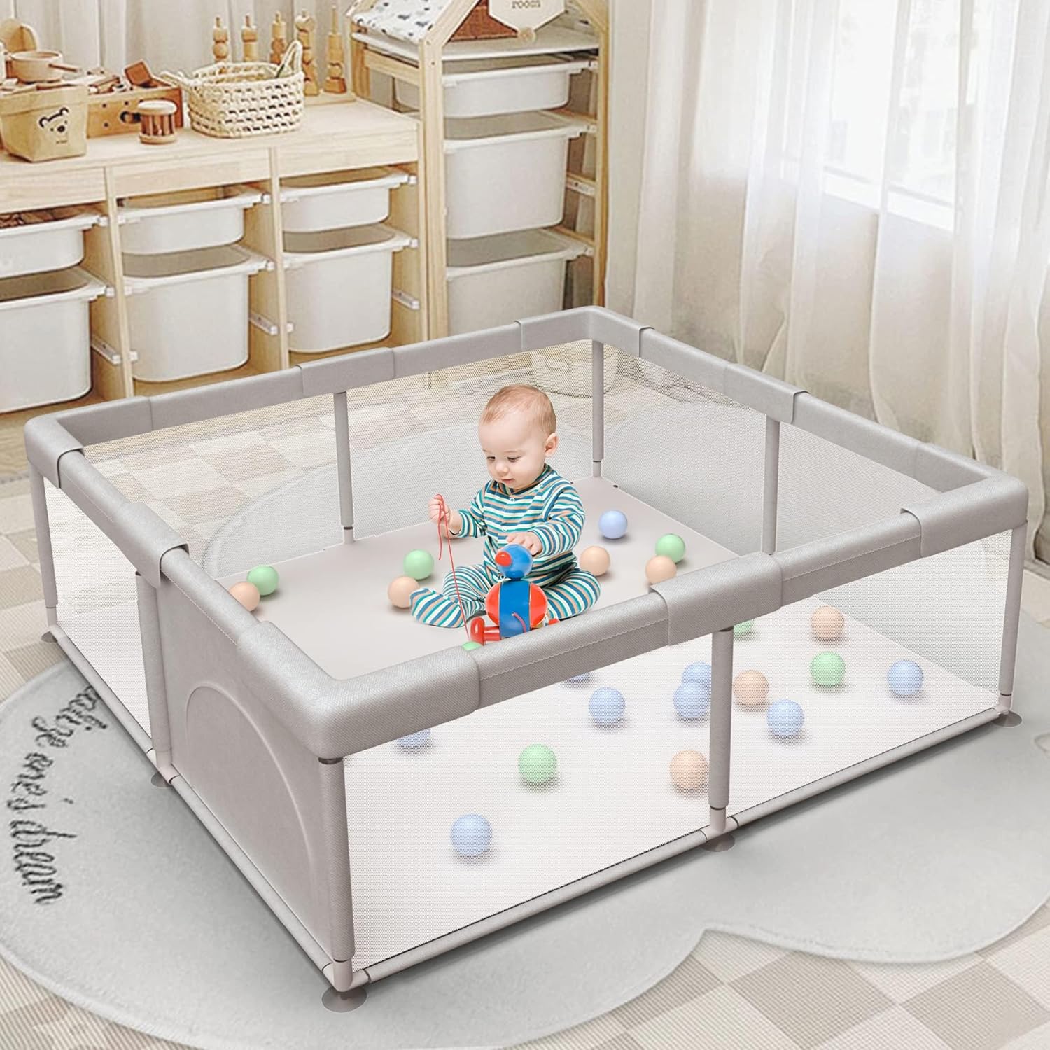 baby playpen play pens for babies and toddlers play yards for indoor & outdoor with breathable mesh anti-fall playpen grey grey 50"x50"