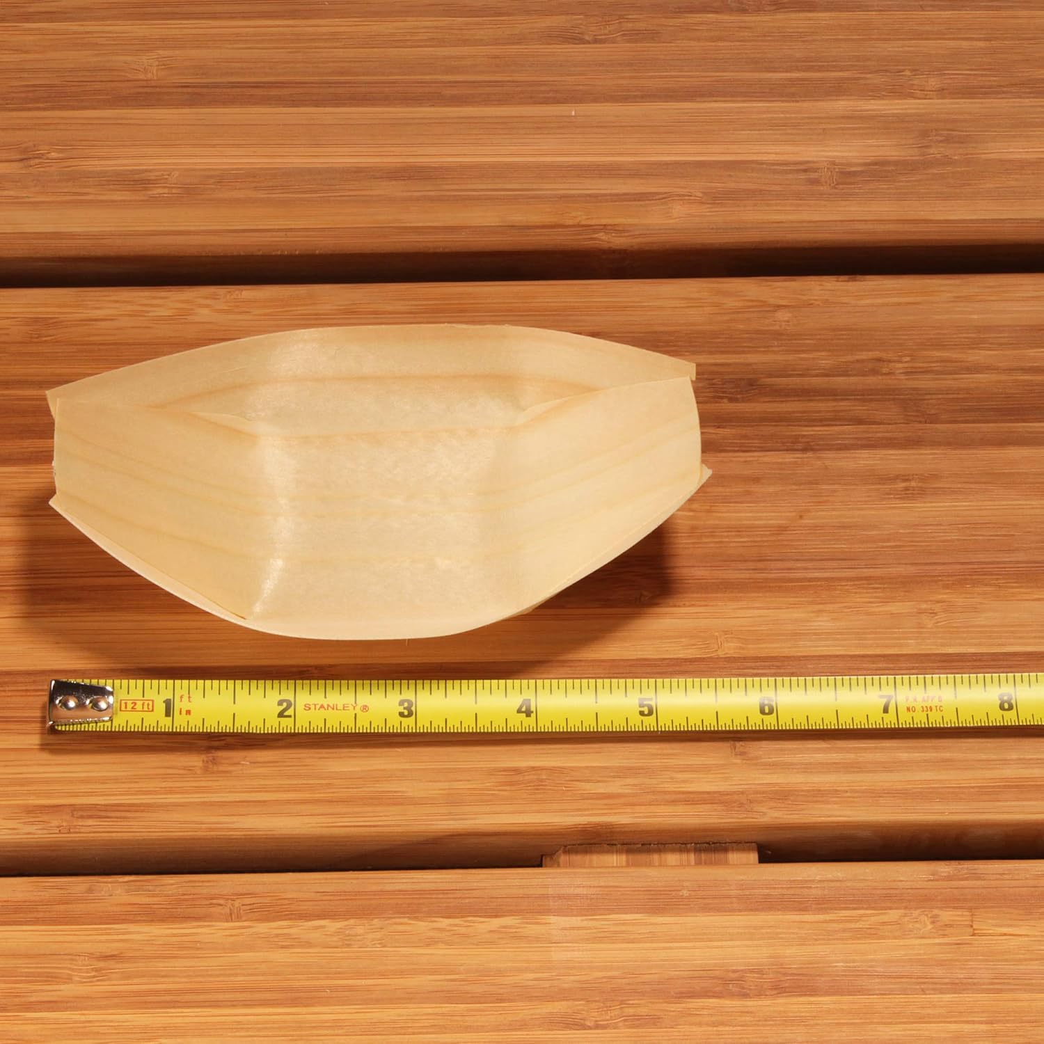 BambooMN Brand - Disposable Wood Boat Dinner Food Plates/Dishes, 5.25" Long x 3" Wide x 1" High, 100 Pieces 100 5.25"