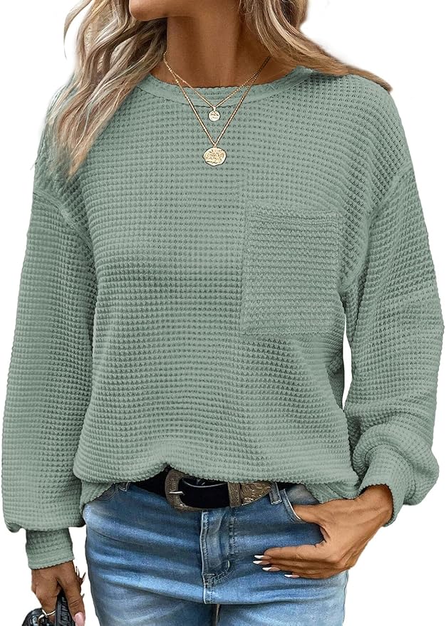 Dokotoo Waffle Knit Tops Long Sleeve Crewneck Shirts