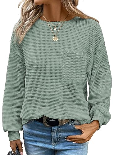 Womens Waffle Knit Tops 2026 Oversized Long Sleeve Crewneck Shirts