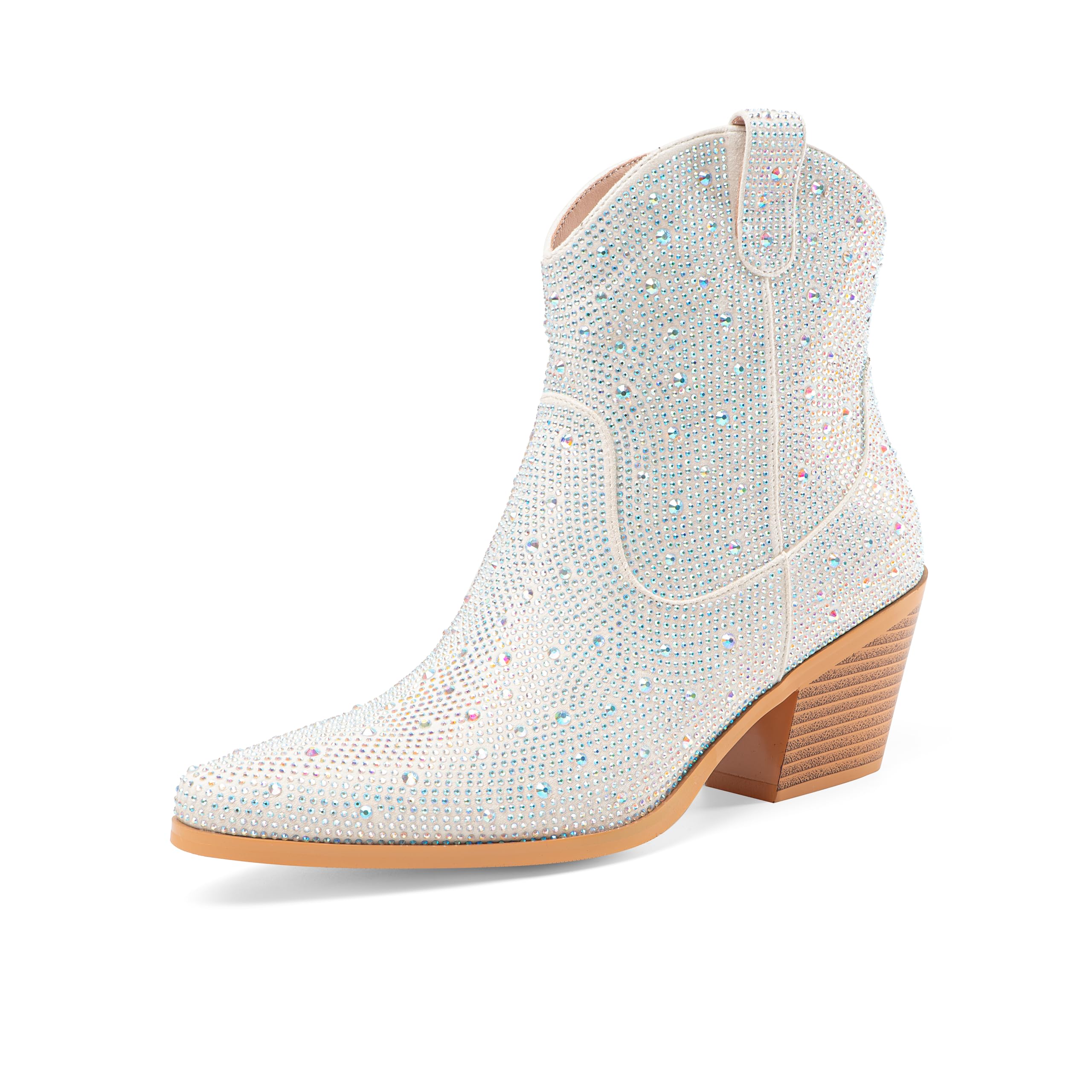 Oh Mispares Women's Sparkly Glitter Rhinestone Cowboy Ankle Boots Western Pointed Toe Low Block Heel Cowgirl Booties with Zipper