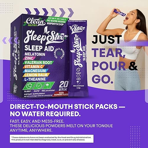 Miniatura 7 de Sleep Stix con melatonina, L-triptófano, L-glicina, raíz de valeriana, magnesio, bálsamo de limón, L-teanina en sabor a frambuesa limpio por Clean